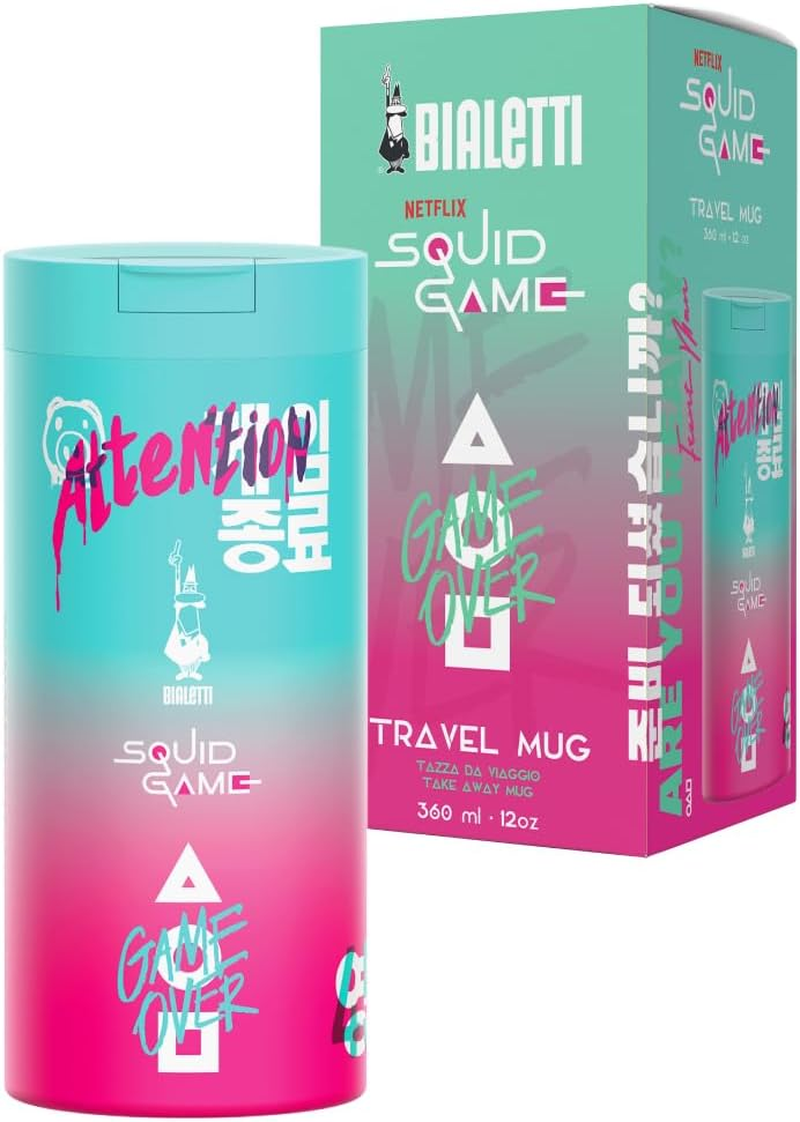 Bialetti Travel Mug &ndash; Squid Game Edition | Double-Walled Stainless Steel Mug | Thermal Travel Mug | Gradient Pink and Teal Design | Keeps Drinks Hot or Cold | 360 Ml Capacity image number 5