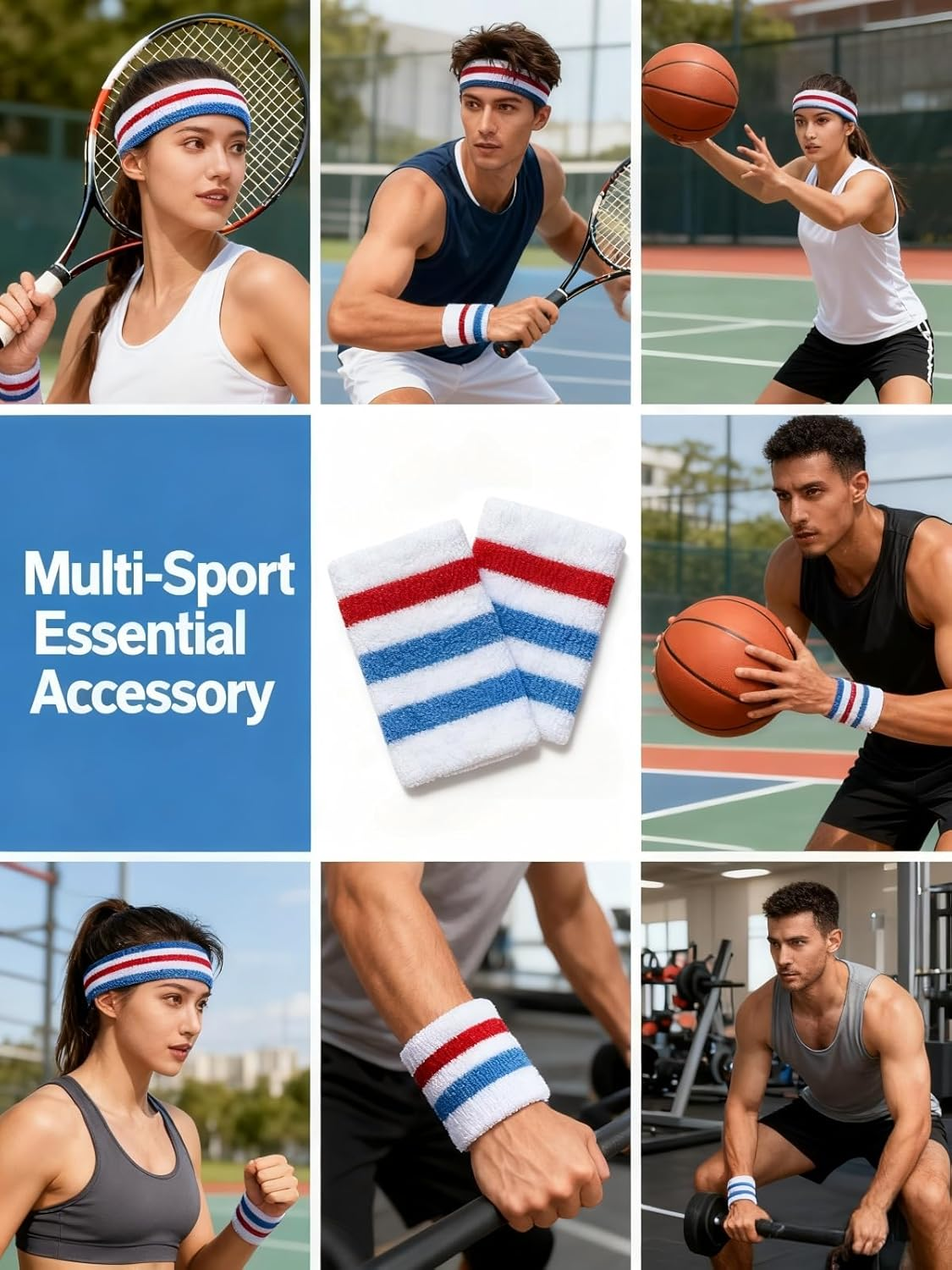 Pack of 3 Pieces(1 Headband + 2 Wristbands) Striped Sweatband Set | Sports Sweat Bands for Men, Women & Kids | Moisture-Wicking for Basketball, Tennis, Gym, Running Fitness Accessories image number 6