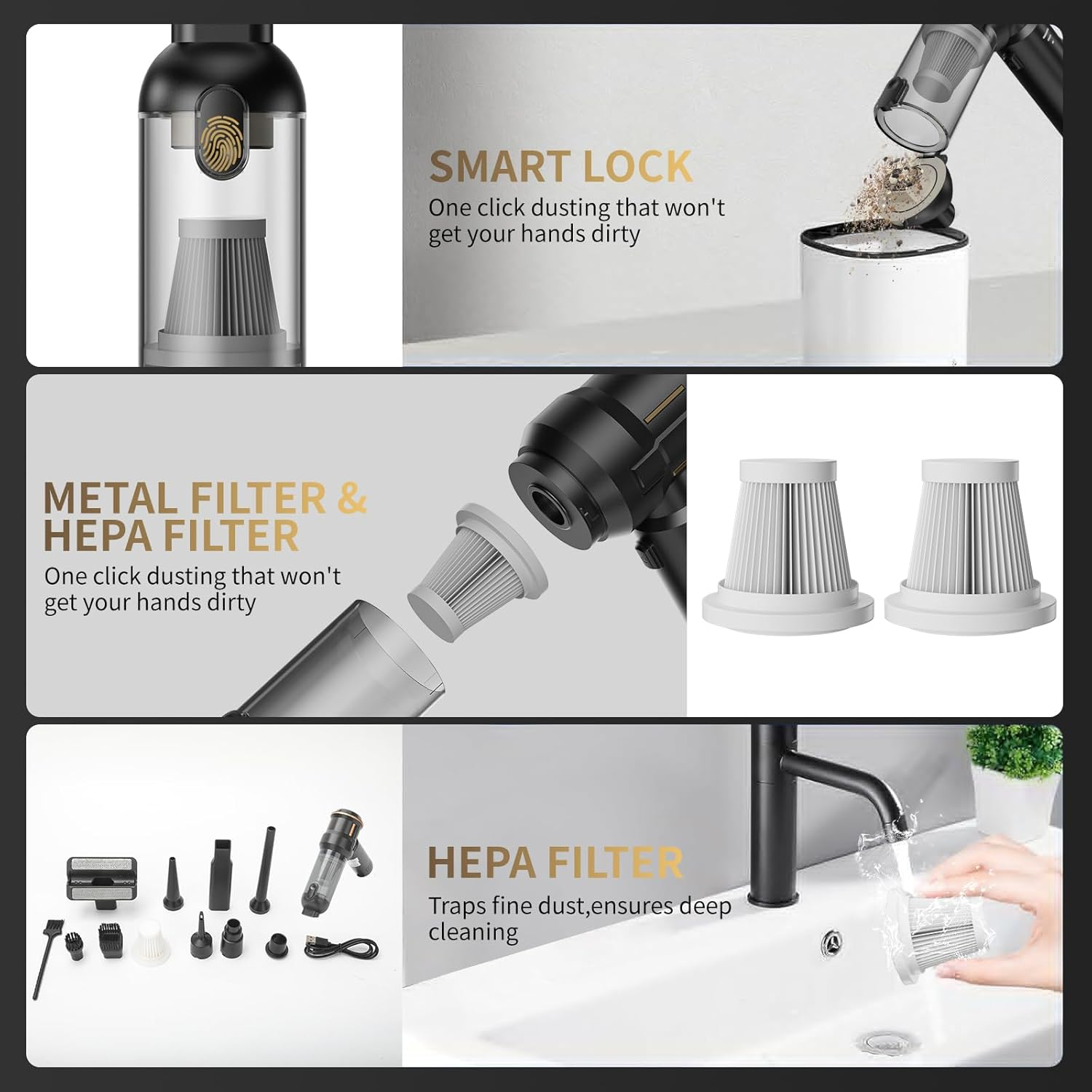 Koreal 4 in 1 Car Vacuum Cleaner, 16000PA High Power Suction Vacuum Cleaner Cordless,100W Brushless Motor Handheld Vacuum with 6000Mah Battery, LED Light, Multi Nozzles for Car, Home, Office, Pet image number 3