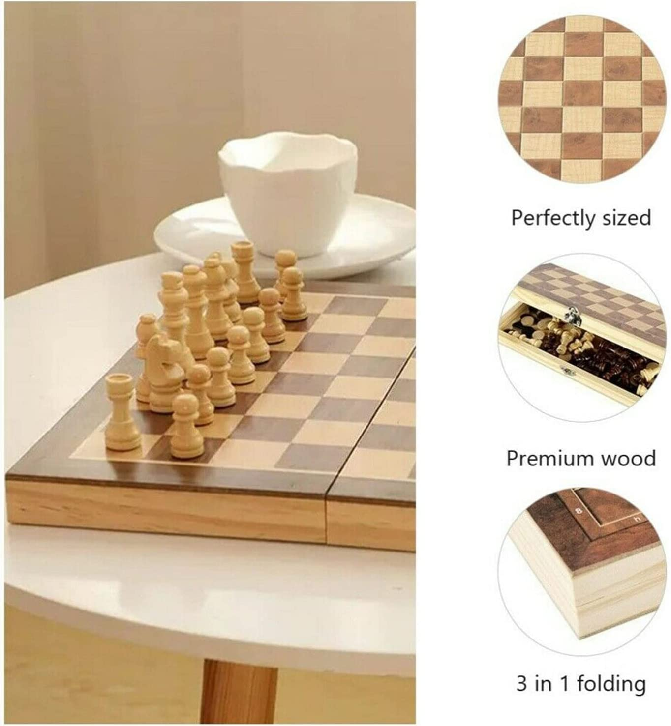Yotsuba Wooden Chess Set, 40Cm Large Folding Chessboard Pieces Wood with Chessmen Storage Slots Unique Crafted Handmade, 3 in 1 Chess Board Game for Adults and Kids (Chess,Backgammon,Checkers) image number 2