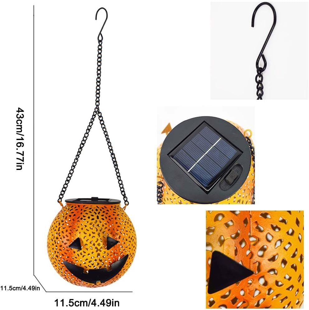 Halloween Decoration Hanging Solar Lantern Outdoor - Solar Powered Pumpkin Led Jack-O Lights, Waterproof Halloween Decor Metal round Lantern for Yard, Patio, Pathway, Porch, Lawn, Garden, Outside image number 2