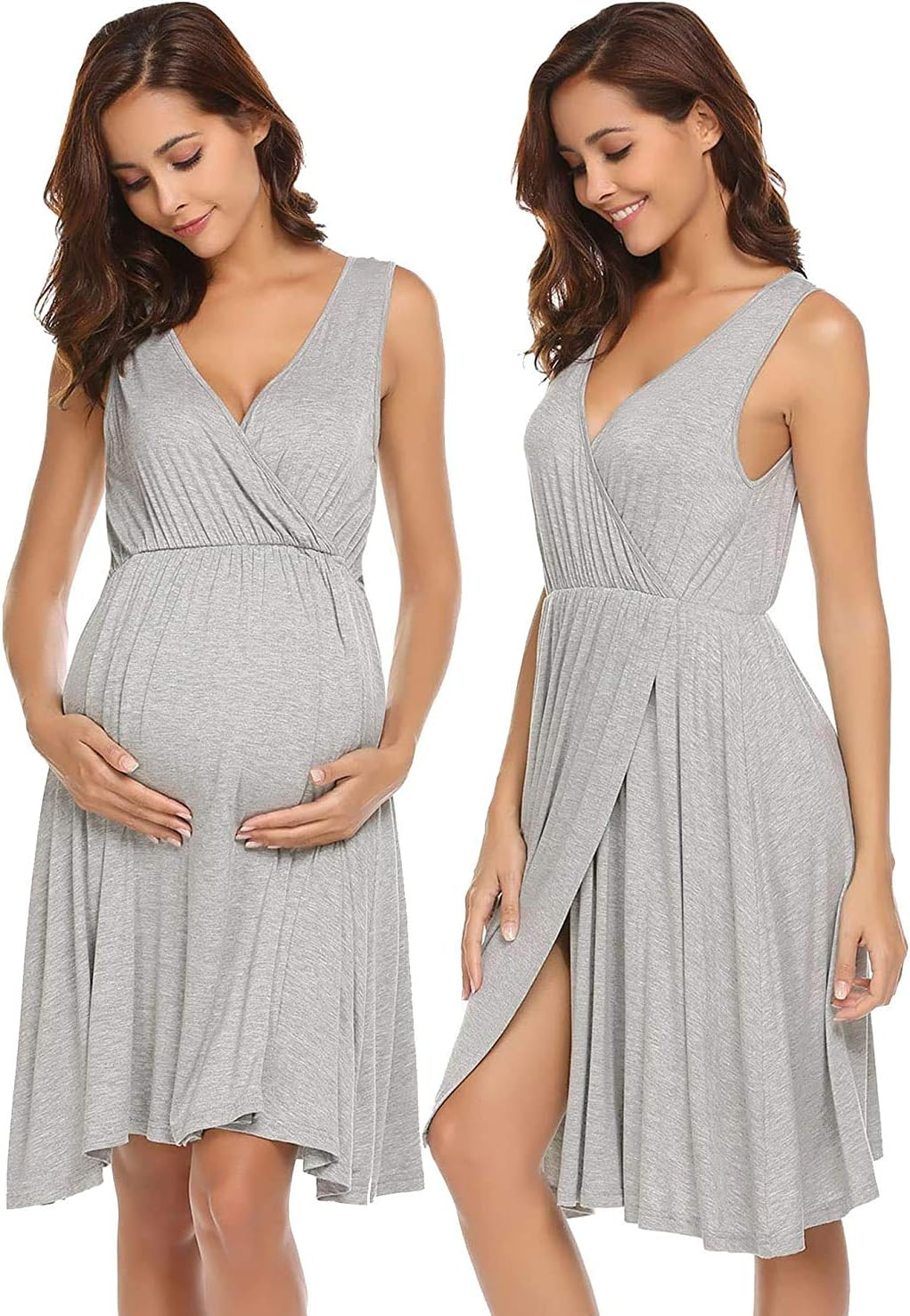 Ekouaer Women Maternity Nursing O-Neck Short Sleeve Blend Tie Front Pregnant Sleepwear Dress S-XXL