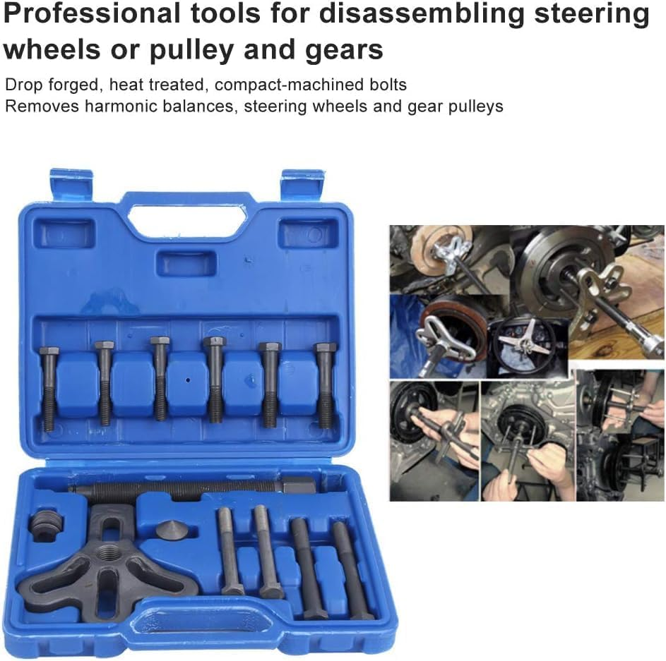 Pulley Puller, 13Pcs Steering Wheel Puller Kit Remover Harmonic Balancer Gear Pulley Car Repair Tool Blue A0217 image number 2