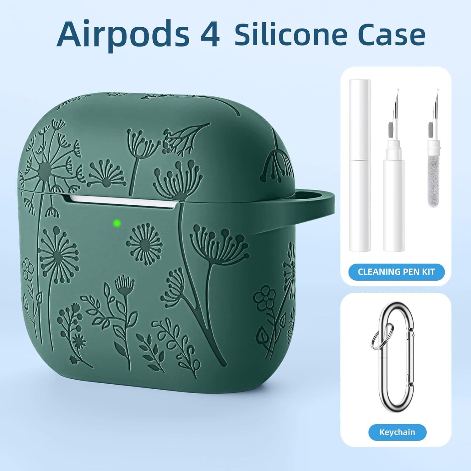 Ouwegaga Compatible with Apple Airpods 4Th Generation Case Cover(2024), Soft Silicone Flower Print Engraved Full Protective Cover for Airpods 4 Case (USB-C) with Keychain for Women Men, Pine Green image number 4