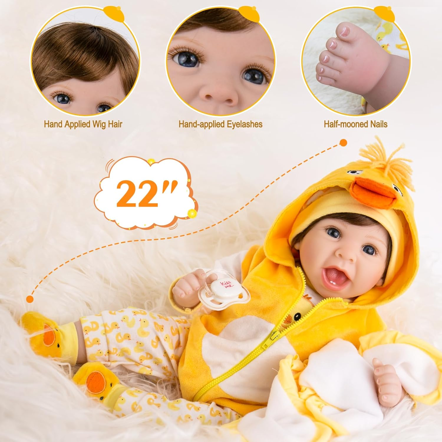 Aori Realistic 22In Reborn Baby Doll in Ducky Outfit, Yellow, 22'' (24325) image number 5