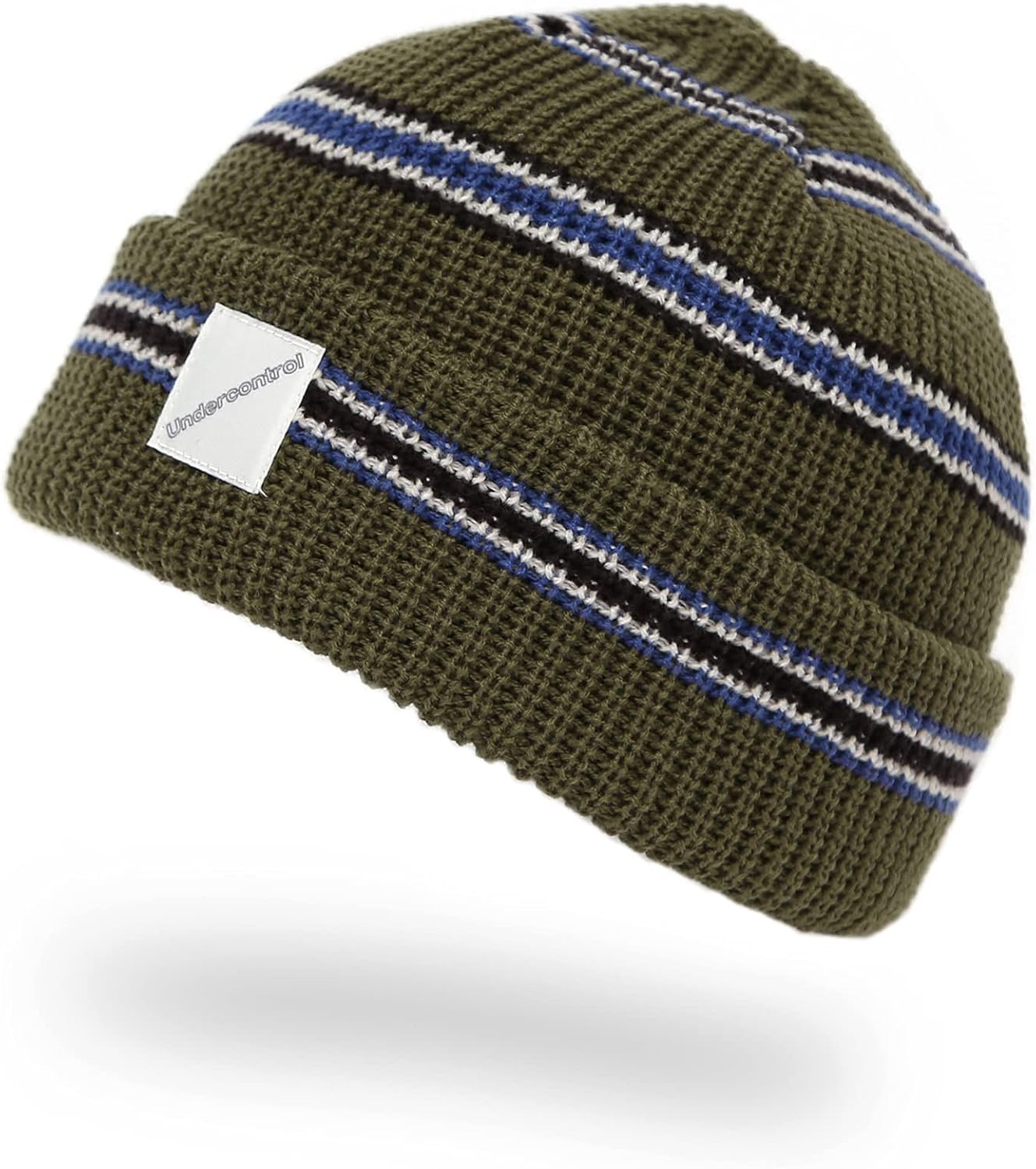 UNDERCONTROL Stripe Pattern Roll up Skullcap Warm Winter Watch Hats Thick Knit Cuff Square Logo Patch Unisex Fisherman Beanie - Khaki image number 2