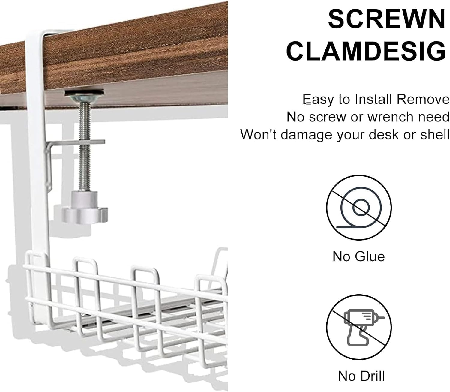NOAEOU under Desk Cable Management Tray, Super Sturdy under Desk Wire Management Organizer,Clamp Install Metal Cord Management Rack,Perfect for Office Home,15.7In Cable Tray Basket (White) image number 1