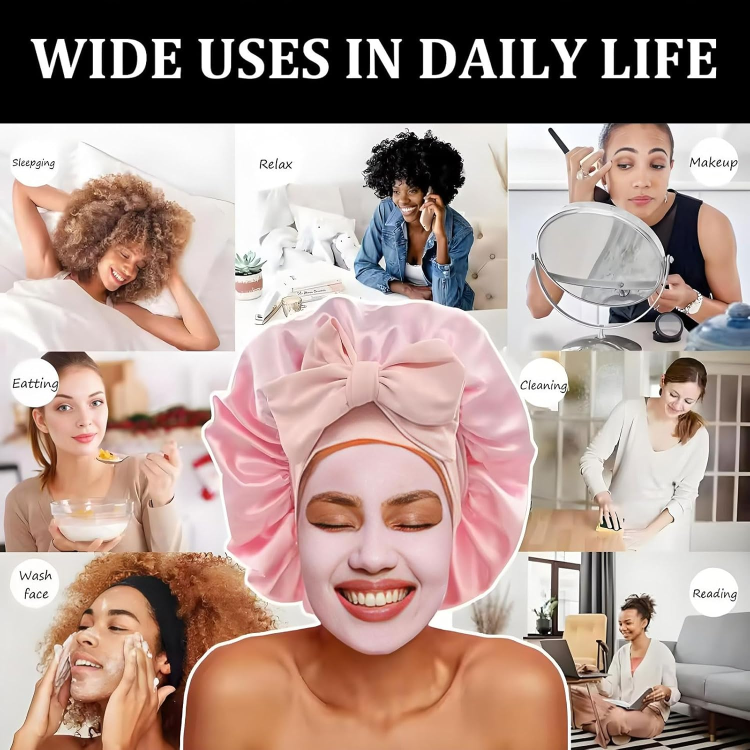 2 Pcs Satin Sleep Cap, Silk Bonnet with Tie Band, Adjustable, Black+Pink image number 6