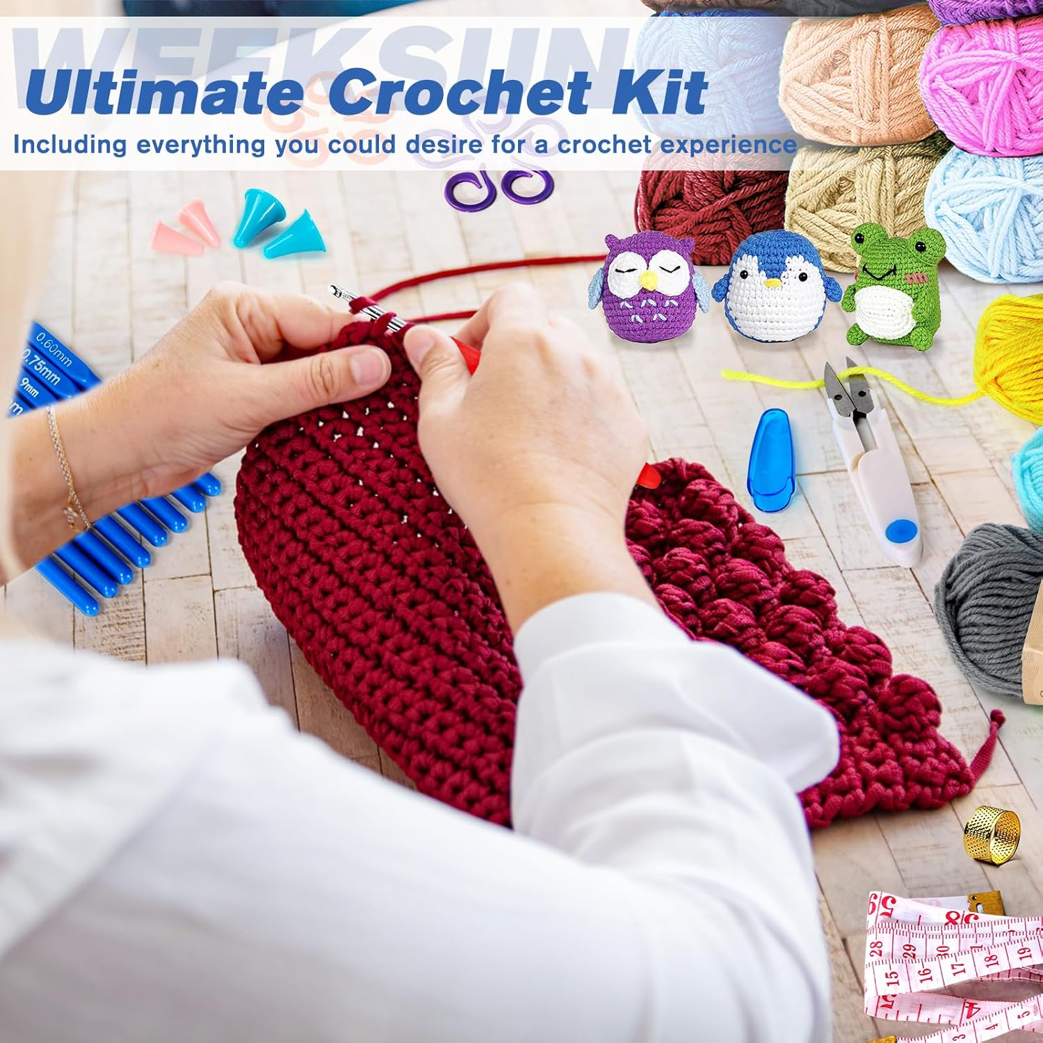 63PCS Crochet Kit for Beginners Knitting & Crochet Supplies, Premium Crochet Kit 9 Colors of Yarn, Crochet Needles, Accessory Kit, Crochet Bag and More, Suitable for Beginners - Blue image number 4