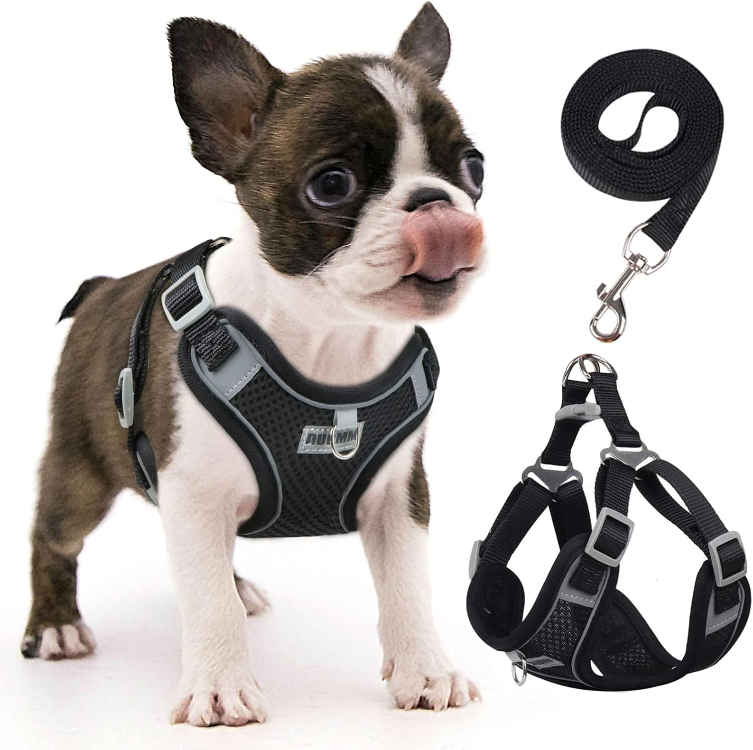 Rennaio Dog Harness No Pull, Adjustable Puppy Harness with 2 Leash Clips, Ultra Breathable Padded Dog Vest Harness, Reflective Dog Harness and Leash Set for Small and Medium Dogs (Black, S)