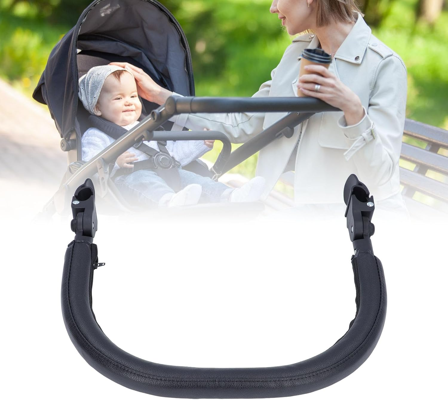 Yosoo Baby Stroller Bumper Bar, Armrest, Handle, Safety Protection PU Leather, Comfortable 15.75In Black, Easy to Attach Open for Parent Child Traveling image number 3