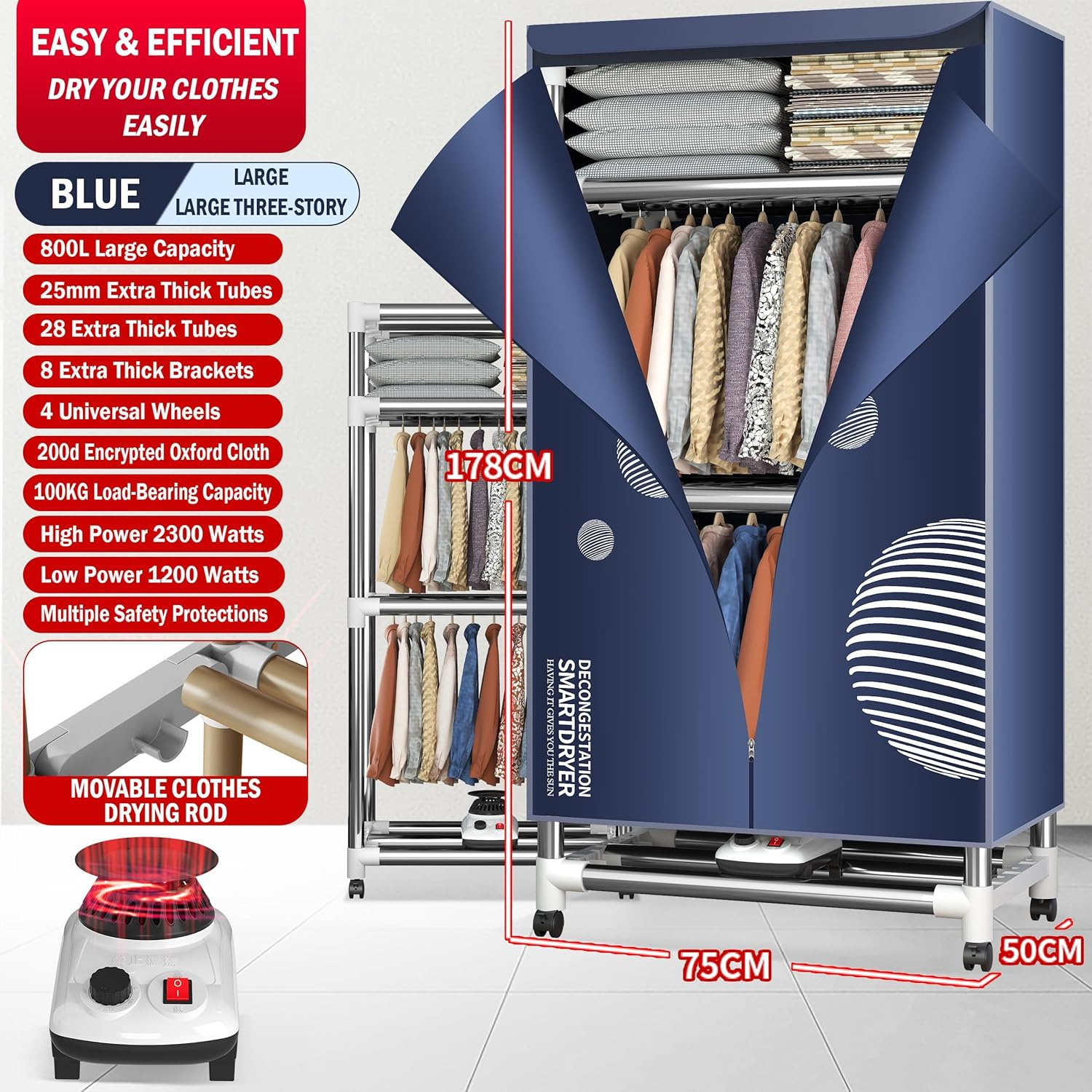 Zekroh Clothes Dryer, 2300W Drying Machine for Laundry, Three-Layer Portable Dryer Thickened Steel Pipe, Maximum Load-Bearing Capacity 100Kg, Indoor Airer Wet Laundry Drying Rack (Blue 1) (7) image number 4