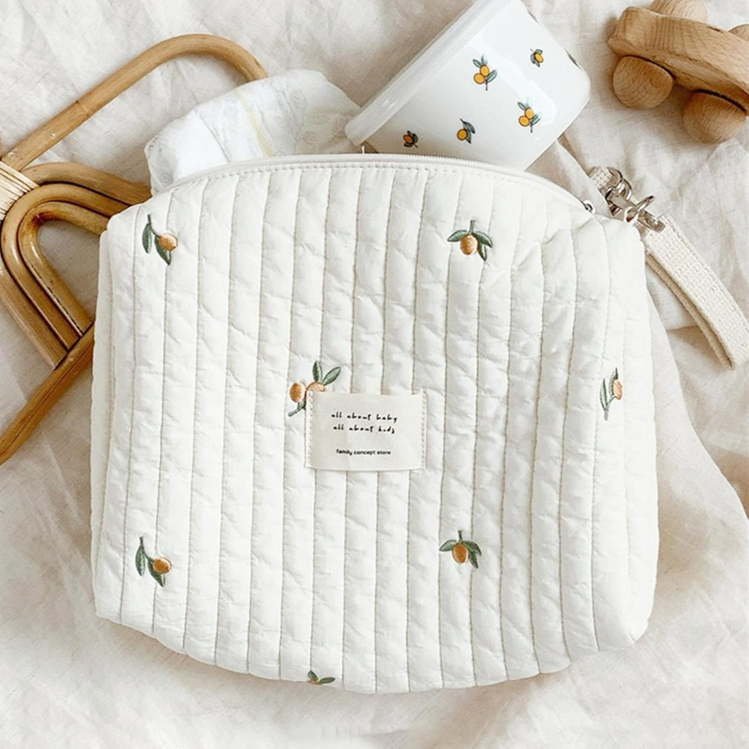 Small Diaper Bag Tote Bag Quilted Cotton Cute Pattern Nappy Diaper Storage Bag with Stroller Hooks Portable Stroller Baby Diaper Bag for Baby Bottles, 25X16X8Cm image number 5