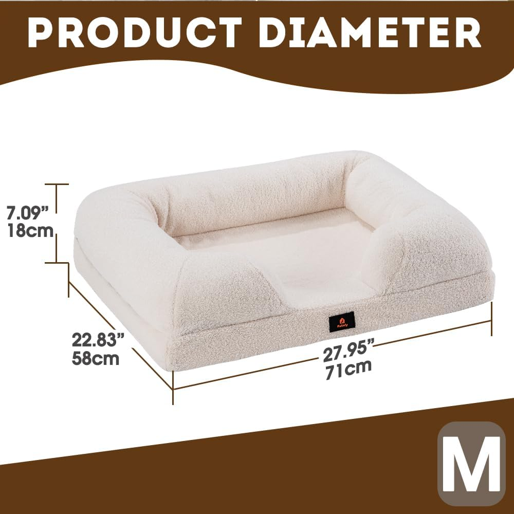 Petzly Orthopedic Memory Foam Dog Bed for Medium Dogs, Removable and Washable Cover, Non-Slip Bottom with Egg-Crate Foam, Medium Pet Couch Bed, White