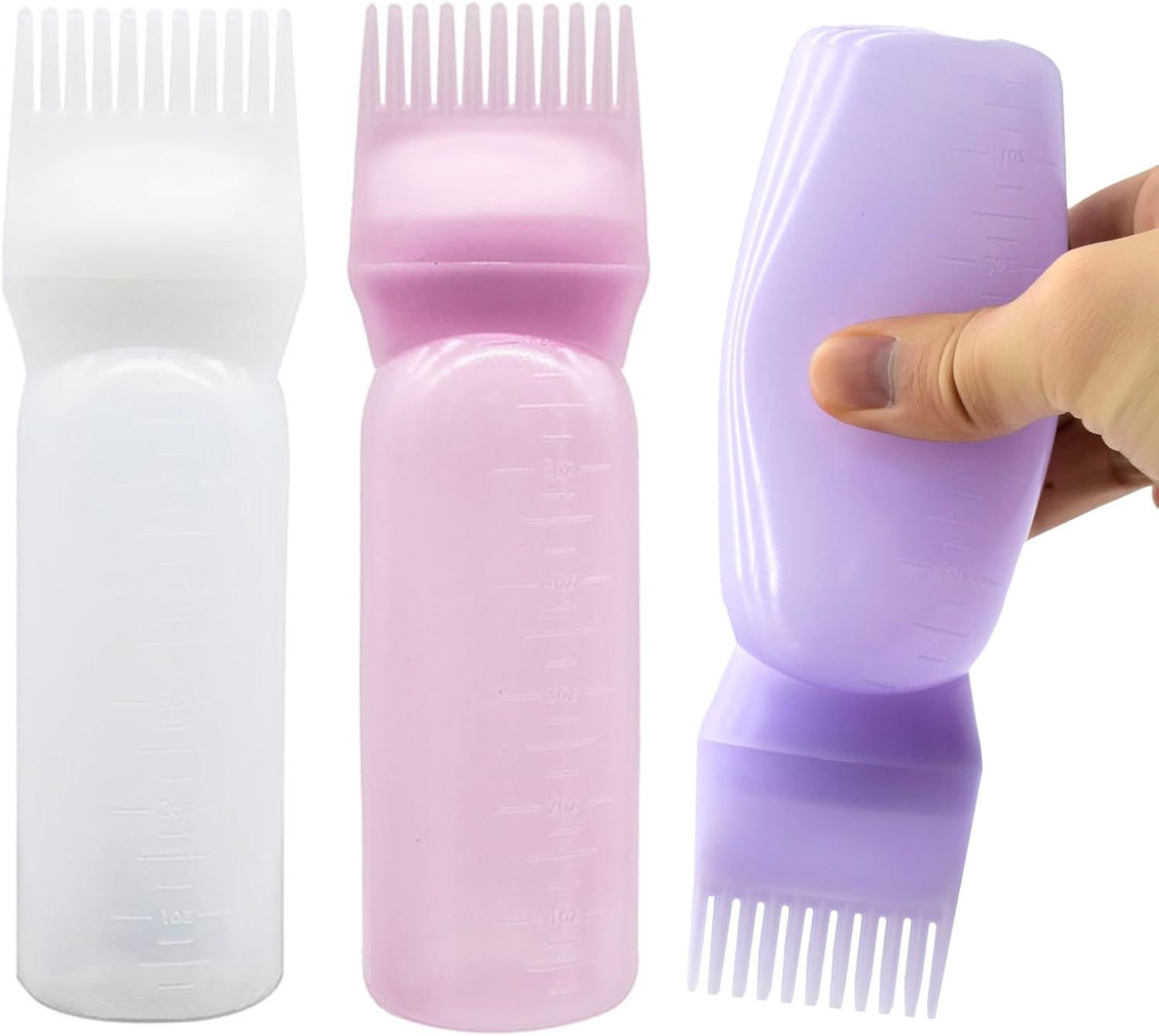 6PCS Large Capacity Root Comb Applicator Bottle, Hair Dye Brushroot Comb Squeeze Applicator Bottles for Hair Root Color with Graduated Scale(Color:Pink White Purple) image number 4