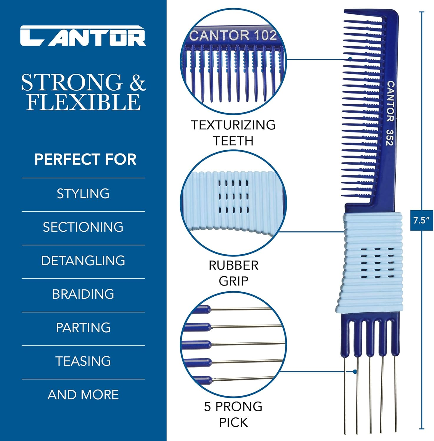 Lift Teasing Comb and Hair Pick - 2 Pack, Five Stainless Still Lifts - Chemical and Heat Resistant Detangler Gripper Comb - anti Static Comb for All Hair Types - by Cantor image number 3