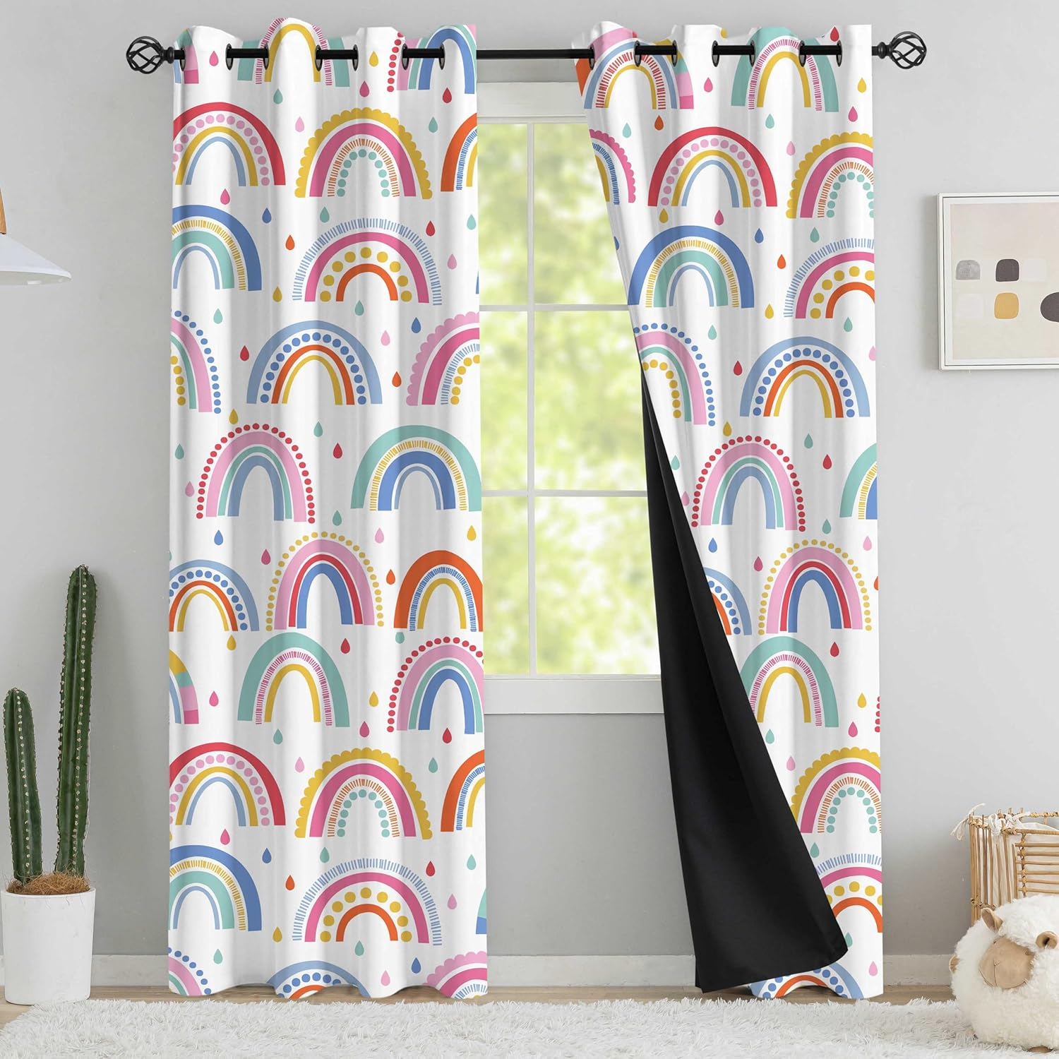 Chiinvent Blackout Rainbow Curtains for Kids Cute Rainbow Room Darkening Window Curtains Decorative Cartoon Black Out Curtain for Girls Bedroom Nursery, C1, 52" X 96", 2 Panels (90% Blackout)