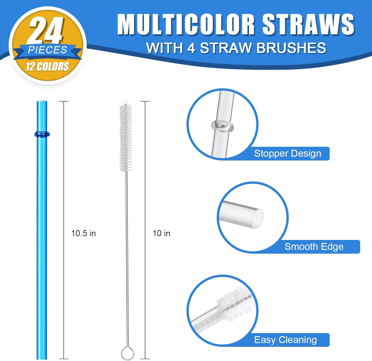 24 PCS, Reusable Straws with 4 Brushes, 10.5" Long Tritan Hard Plastic Straws, 12 Colors Translucent Replacement Drinking for 16OZ-32 OZ Tumblers, Cups, Jars, Stanley, YETI, Starbucks, BPA Free image number 3
