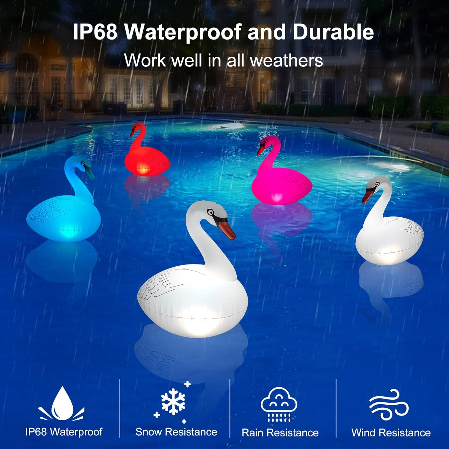 Floating Pool Lights Solar 2PK, Waterproof Inflatable Swan Pool Lights, Glow in the Dark Color Changing LED Pool Floating Swan Light for Backyard Spa Patio Wedding Party Decor image number 6