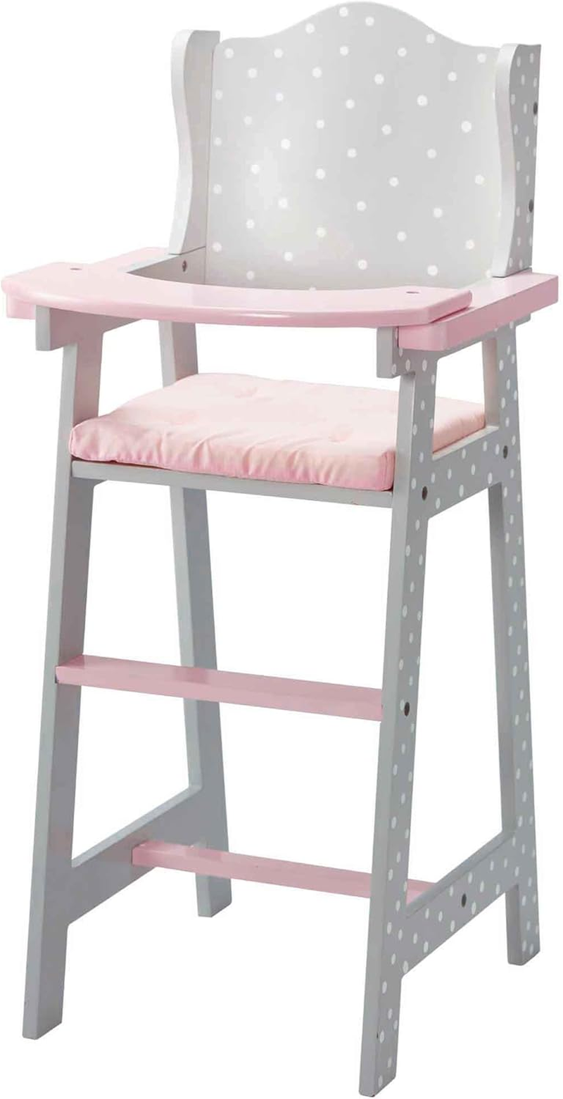 Olivia'S Little World - Polka Dots Princess Baby Doll High Chair, Feeding Highchair Toddler Wooden Doll Play Furniture - Gray, Fits 16 Inch Baby Doll,Multi Color
