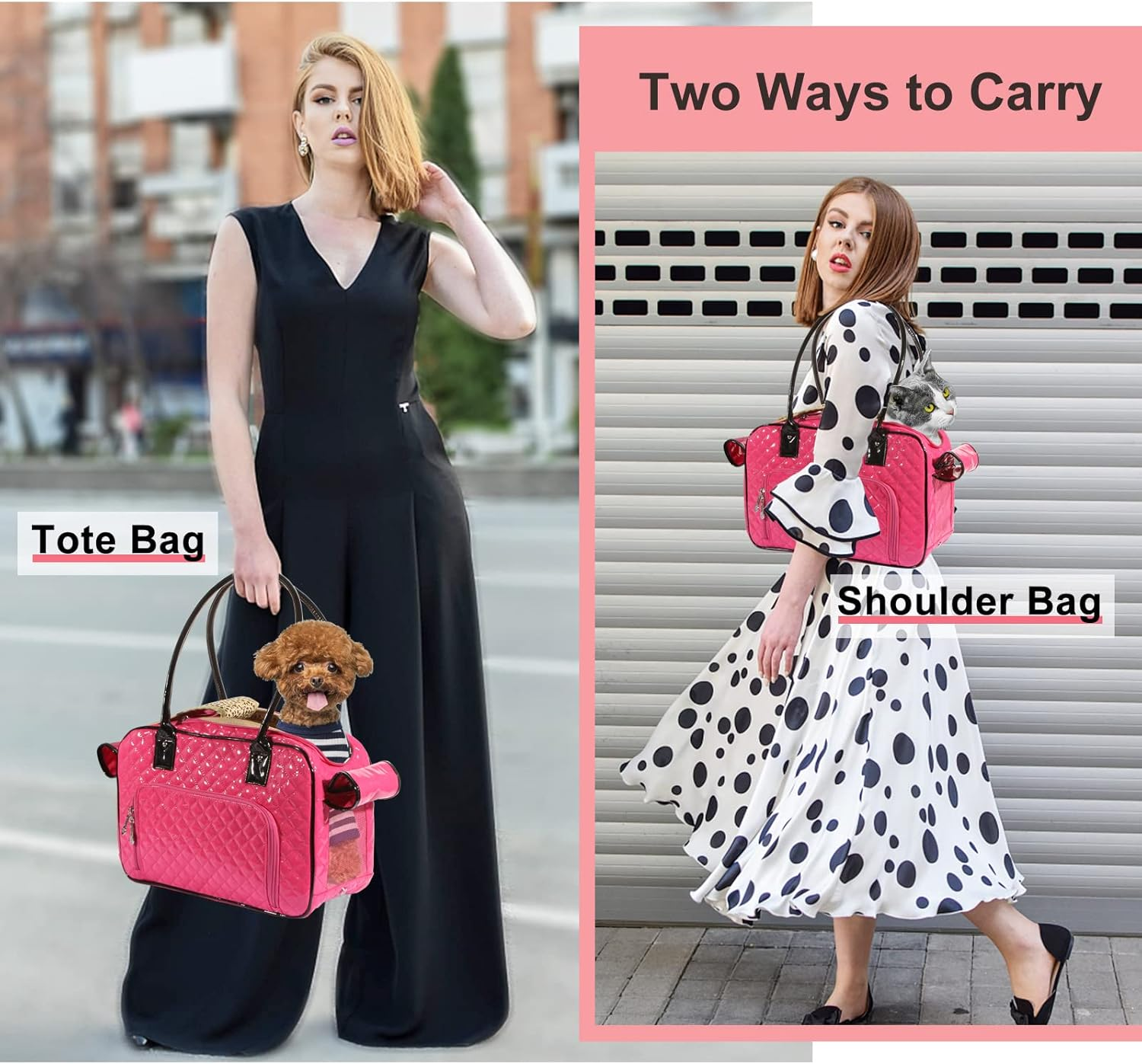 Betop House Mirror Surface Faux Leather Tote Purse Dog and Pet Carrier Travel Bag, Pink - Black And Pink image number 2