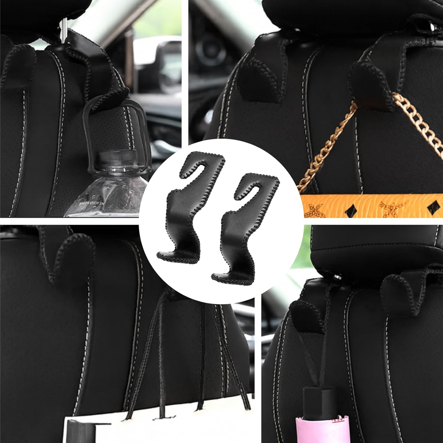 Universal Car Hooks for Back Seat Headrest, Microfiber Leather & Stainless Steel Hanger Holder for Bags, Purses, Cloth, Drinks, Groceries, Strong & Sturdy Design (Black, 2 Pack) image number 4