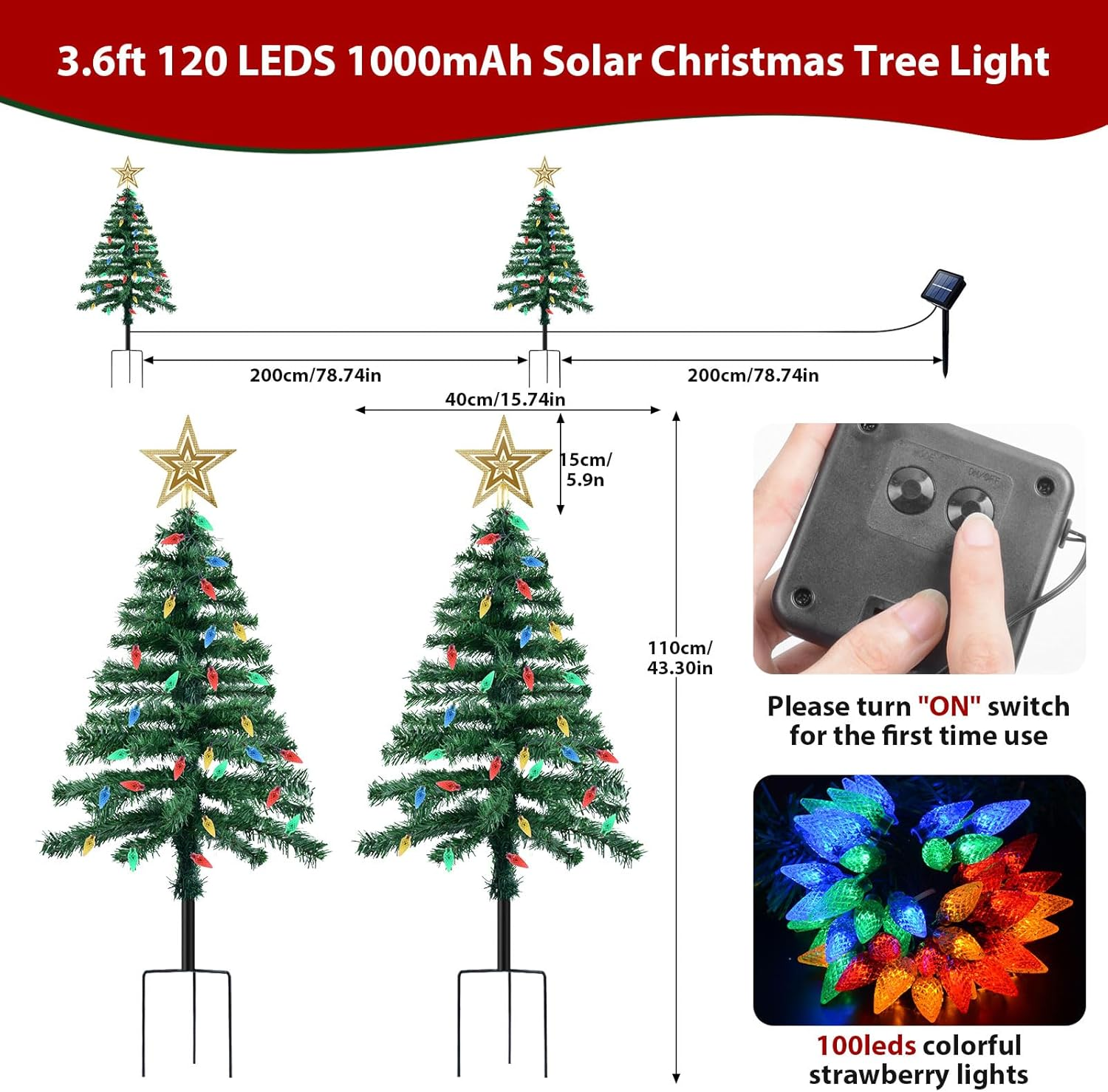 Ninonly Solar Christmas Tree Light 2 Pack, 1.1M 1000Mah Solar Powered Christmas Garden Light 8 Modes Waterproof C6 Strawberry 100Leds Solar Yard Stake Pathway Lights for Christmas Outdoor Decoration image number 6