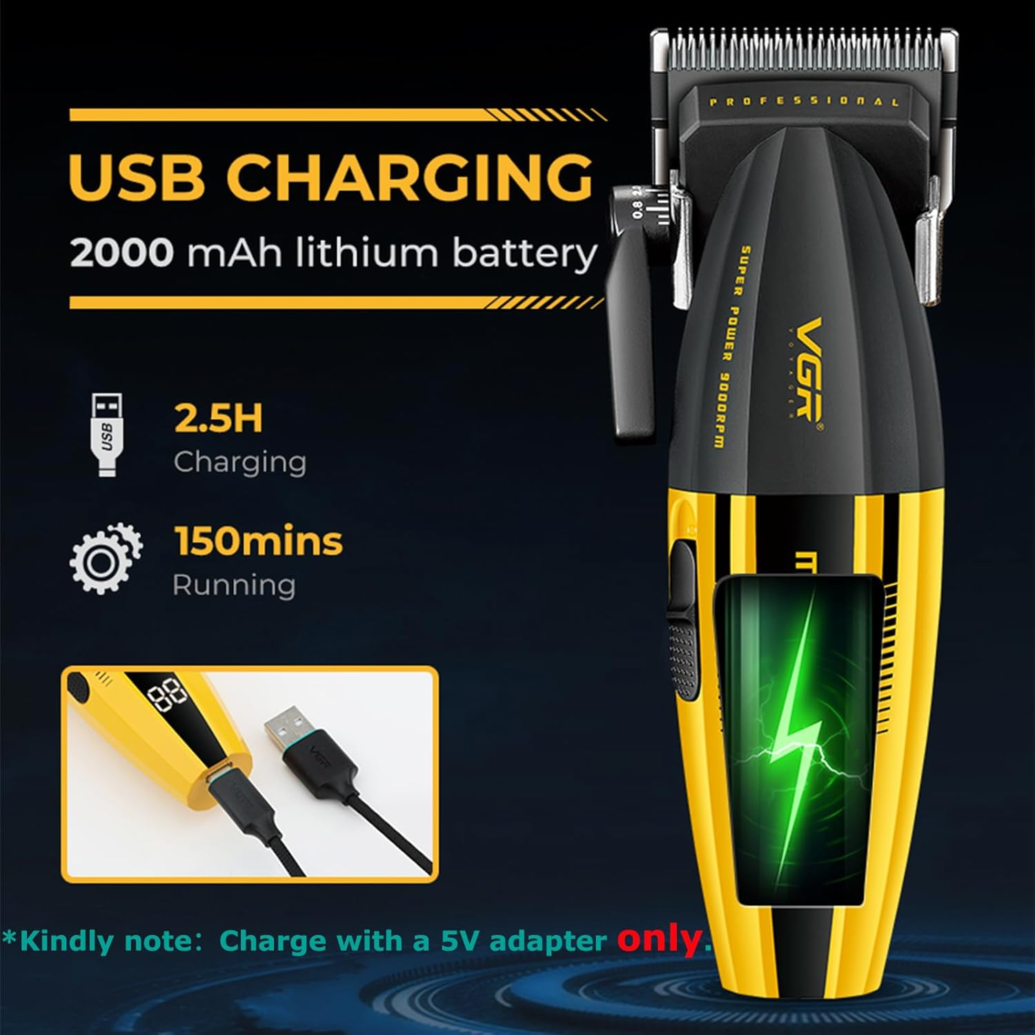 VGR 285 Fresh Fade Hair Trimmer for Men, 9000RPM Professional Barber Clipper for Haircut, Wireless Small Trimmer, Lightweight Versatile Barber Set with LED Display image number 4