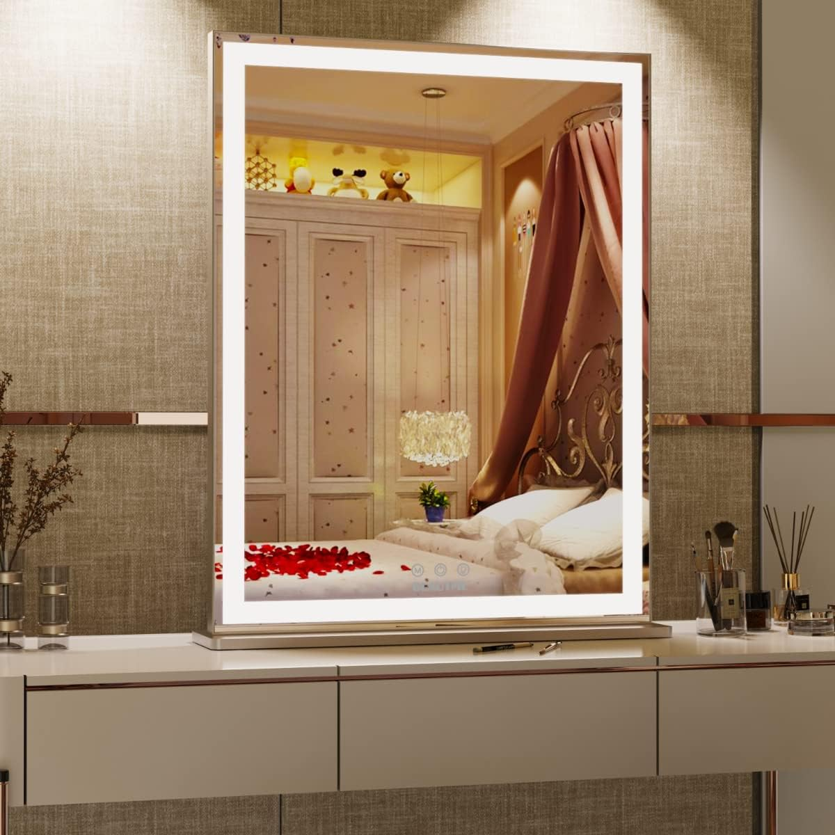 Hollywood Makeup Mirror with LED Lights, Large Lighted Vanity Dressing Table Mirror, Desktop or Wall Mounted Mirror for Bedroom, Smart Touch Screen, with 10X Magnification, 60 * 50.7Cm, Silver