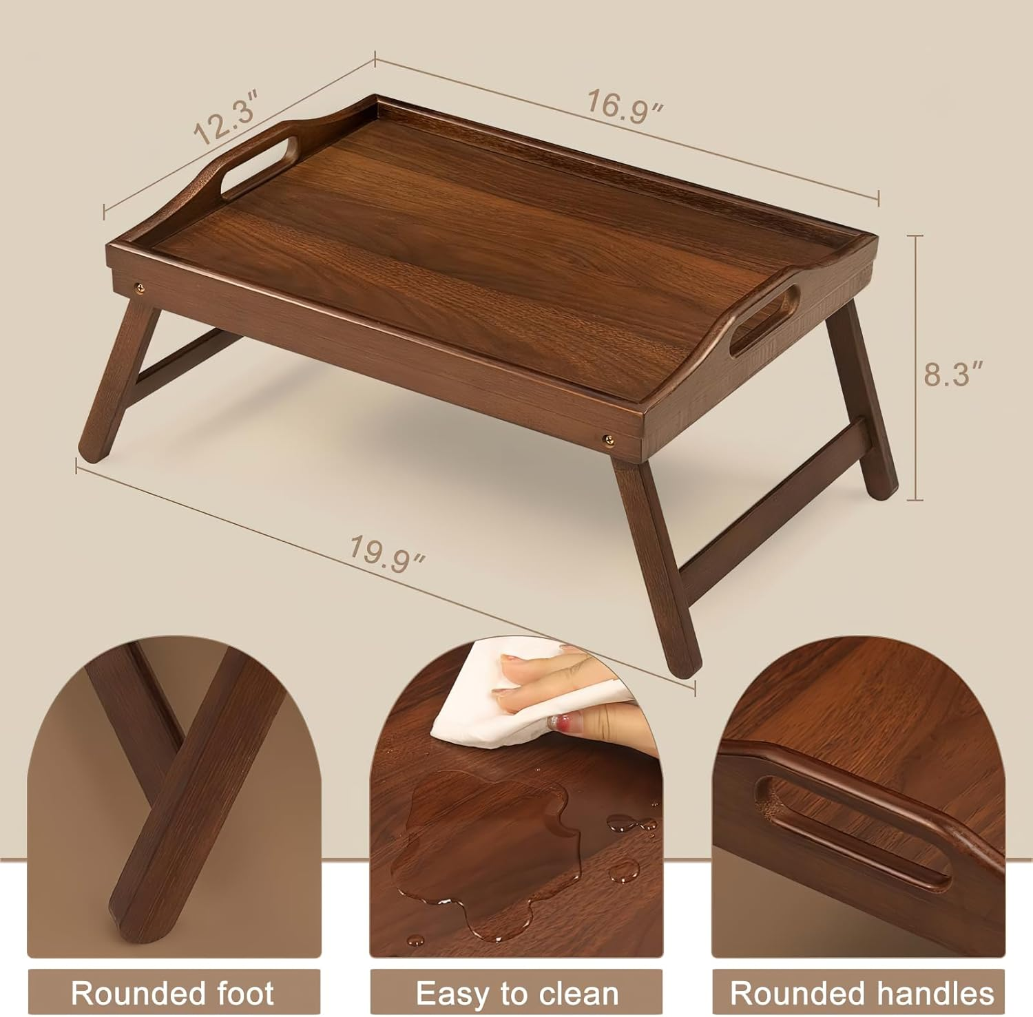 2 Pack Bed Tray Table Breakfast Trays Serving Tray Bamboo Bed Laptap with Floding Legs Handles and Phone Holders - Walnut 2 Pack image number 6