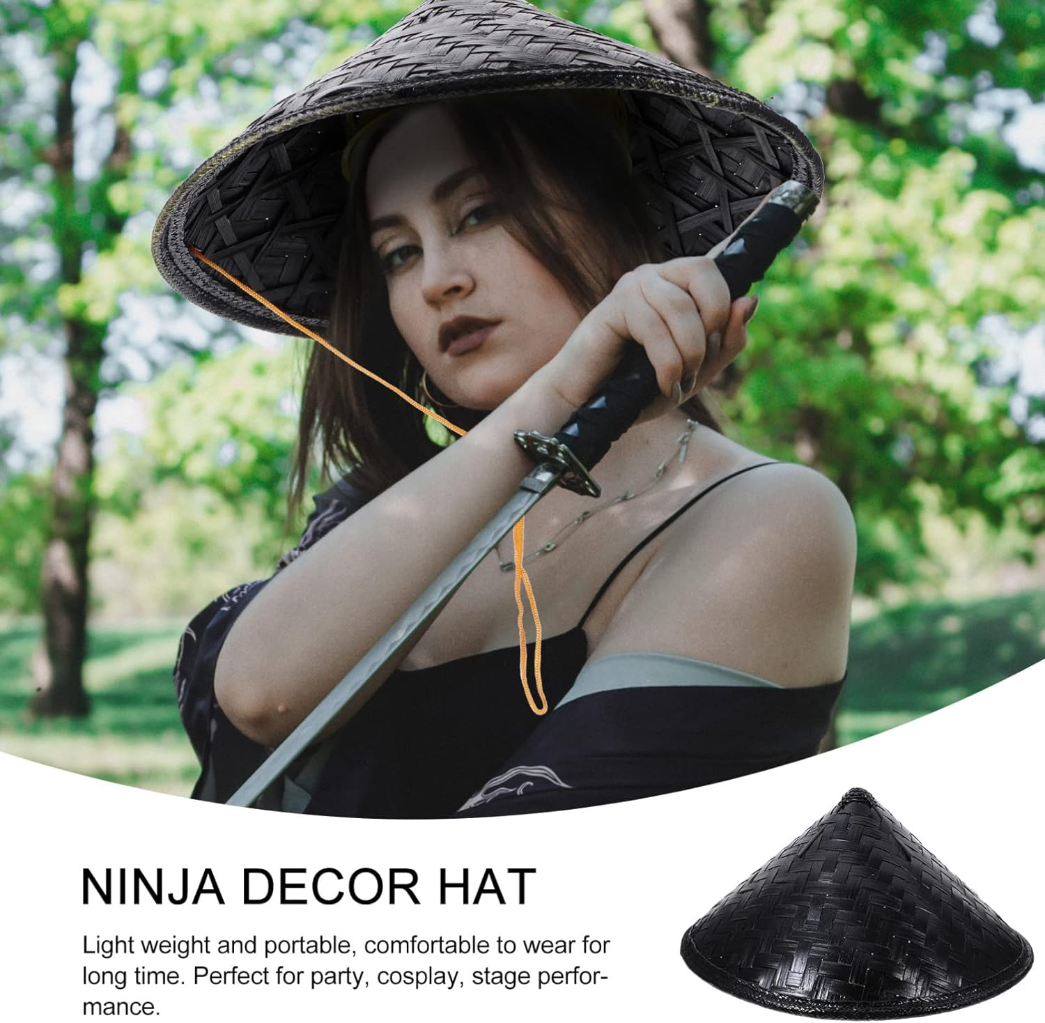Kisangel Cosplay Samurai Hat Bamboo Asian Conical Hat Lightweight Simple Prop for Party Performance 14.17In Diameter image number 3
