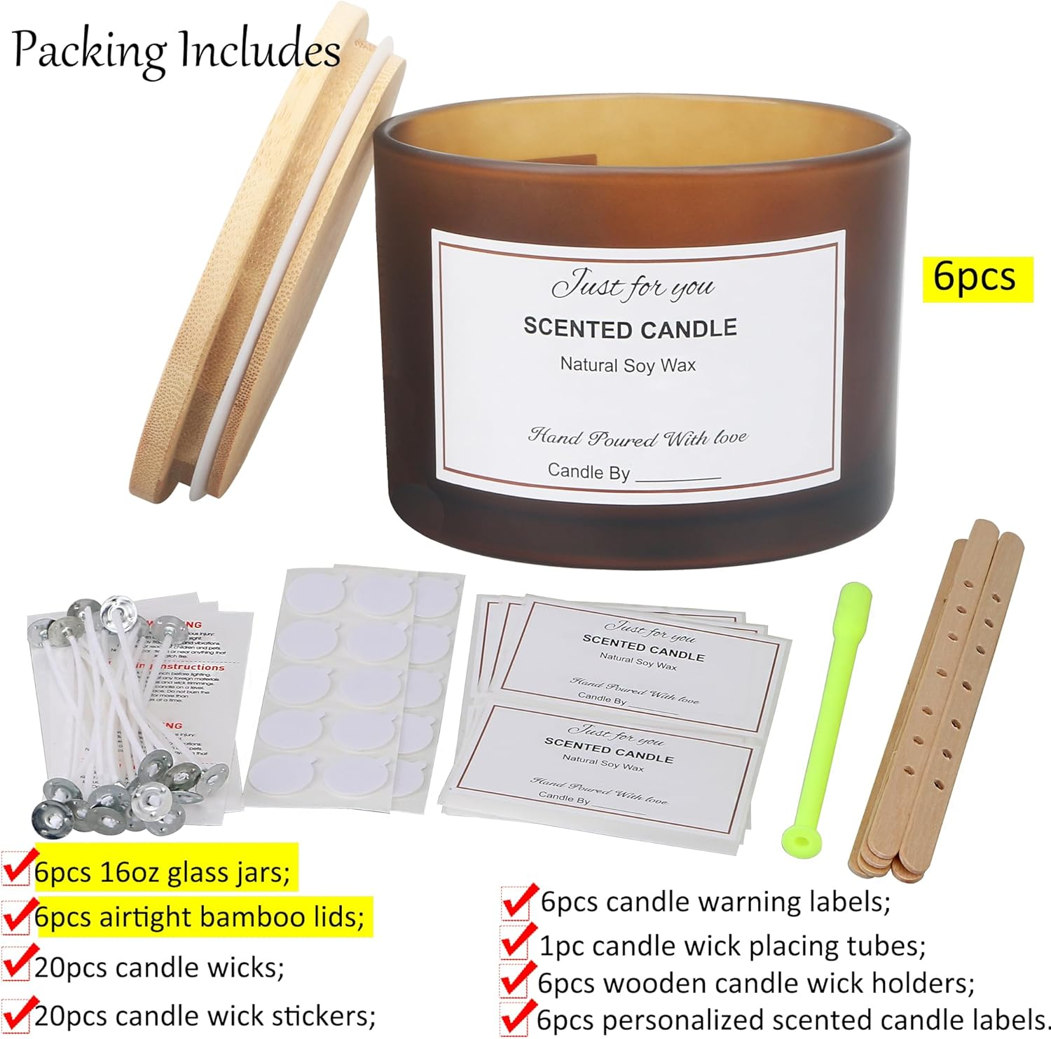 MILIVIXAY 6 X 16Oz Candle Jars with Bamboo Lids and Candle Making Kits - 3-Wick Candle Jar, Empty Frosted Amber Thick Jars for Making Large Candles - Spice image number 6