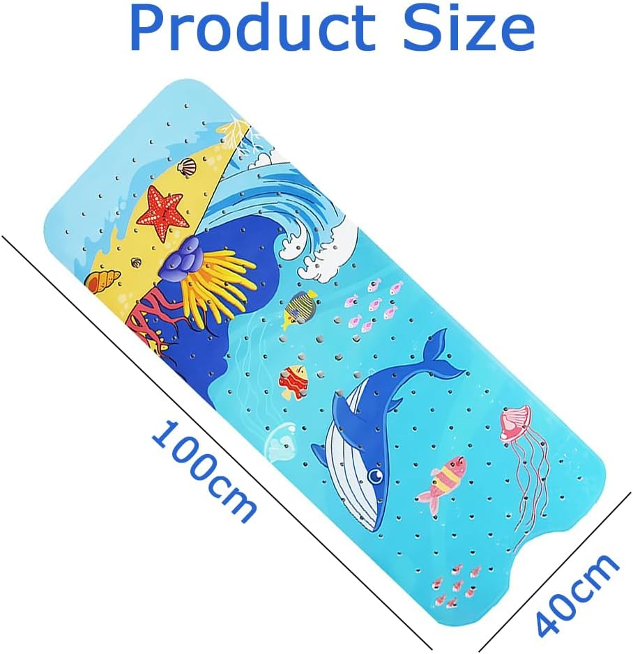Bath Mat, Cartoon Non-Slip Bathtub Mat with Suction Cup Drain Holes, Bath Shower Mat Massage Mat Floor Tub Mats Machine Washable for Bathroom 100X40Cm(Blue Whale) image number 6