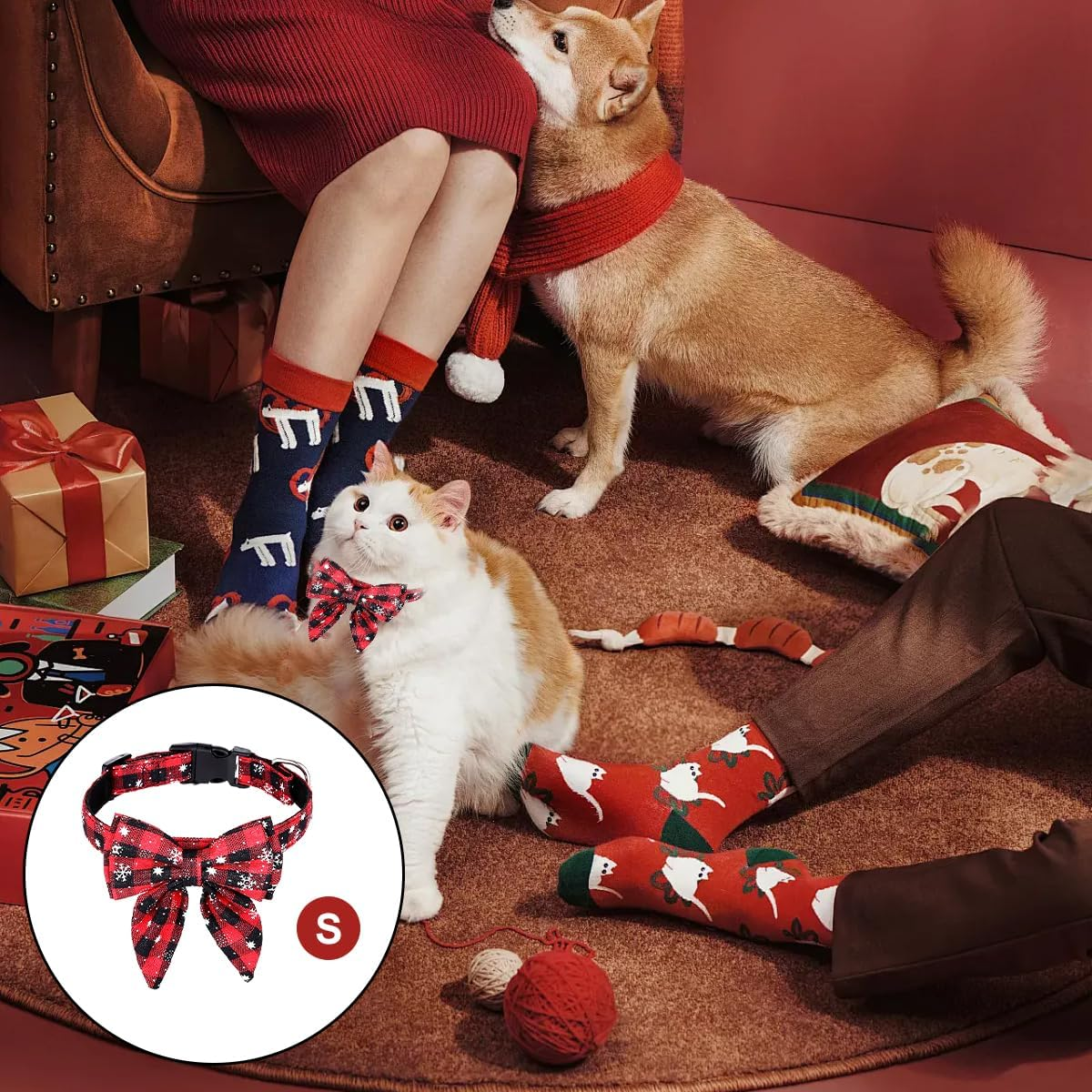 Christmas Dog Collar, Christmas Collar Dog, Cat Collar with Bow, Bow Tie for Dogs, Cute Checked Pattern, Dog Christmas Costume, Pet Collar for Kittens and Dogs (S) image number 4