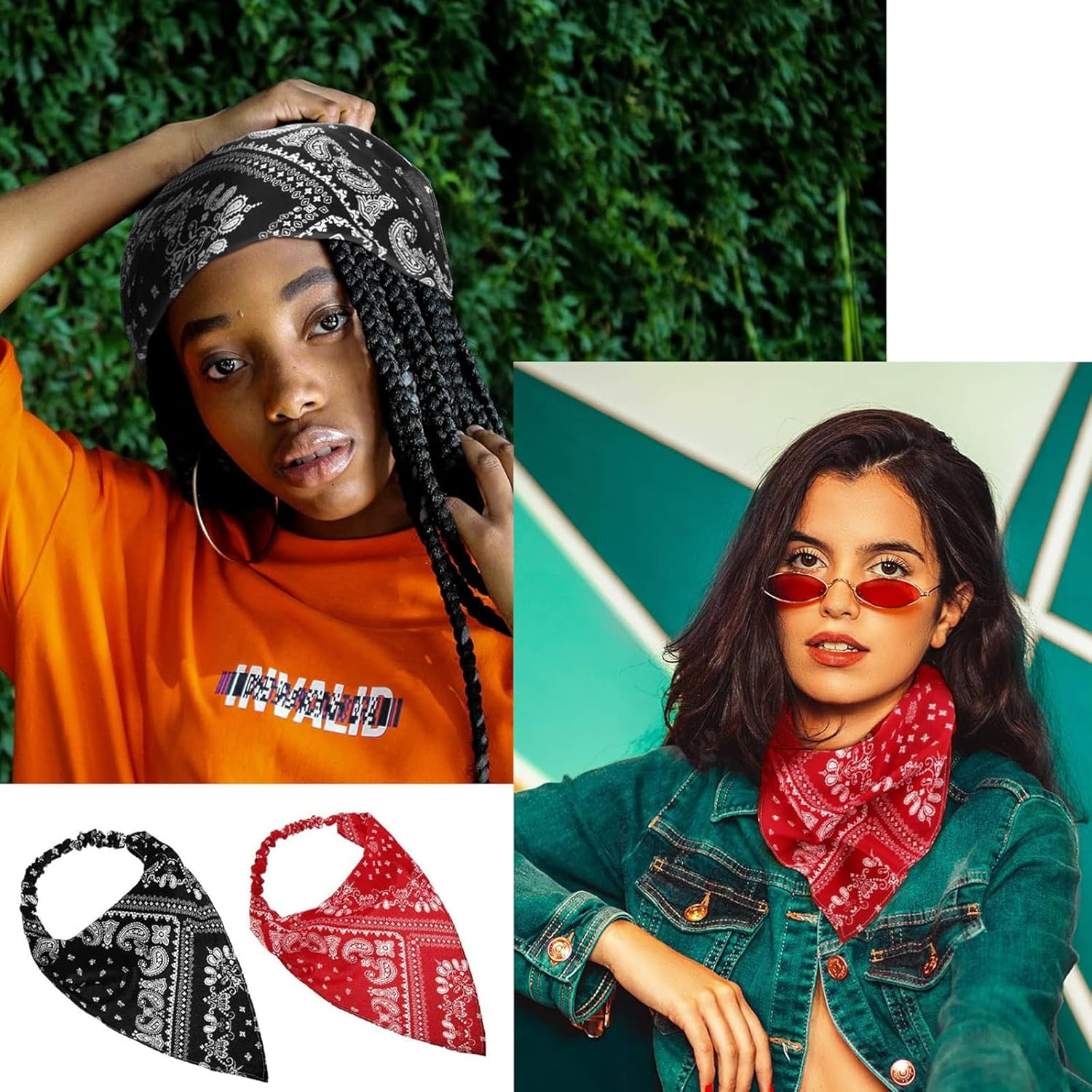 Kzvsiy 2-Pack Boho Head Kerchiefs, Elastic Hair Scarf Headbands, Paisley & Floral Chiffon Triangle Bandanas, Adjustable Turban Headwraps, Floral Hair Scarves for Women & Girls (Claret, Black) image number 1