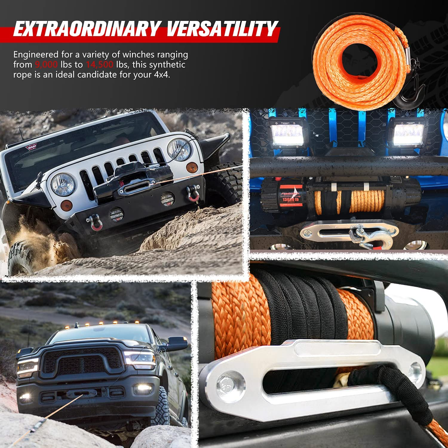 Fieryred Synthetic Winch Rope 30M, 23,809LBS/10,800KG Load Capacity, Winch Line Cable 10MM Diameter with Steel Hook UV Resistant Nylon Protect Sleeve for ATV UTV SUV (Orange) - Orange image number 4