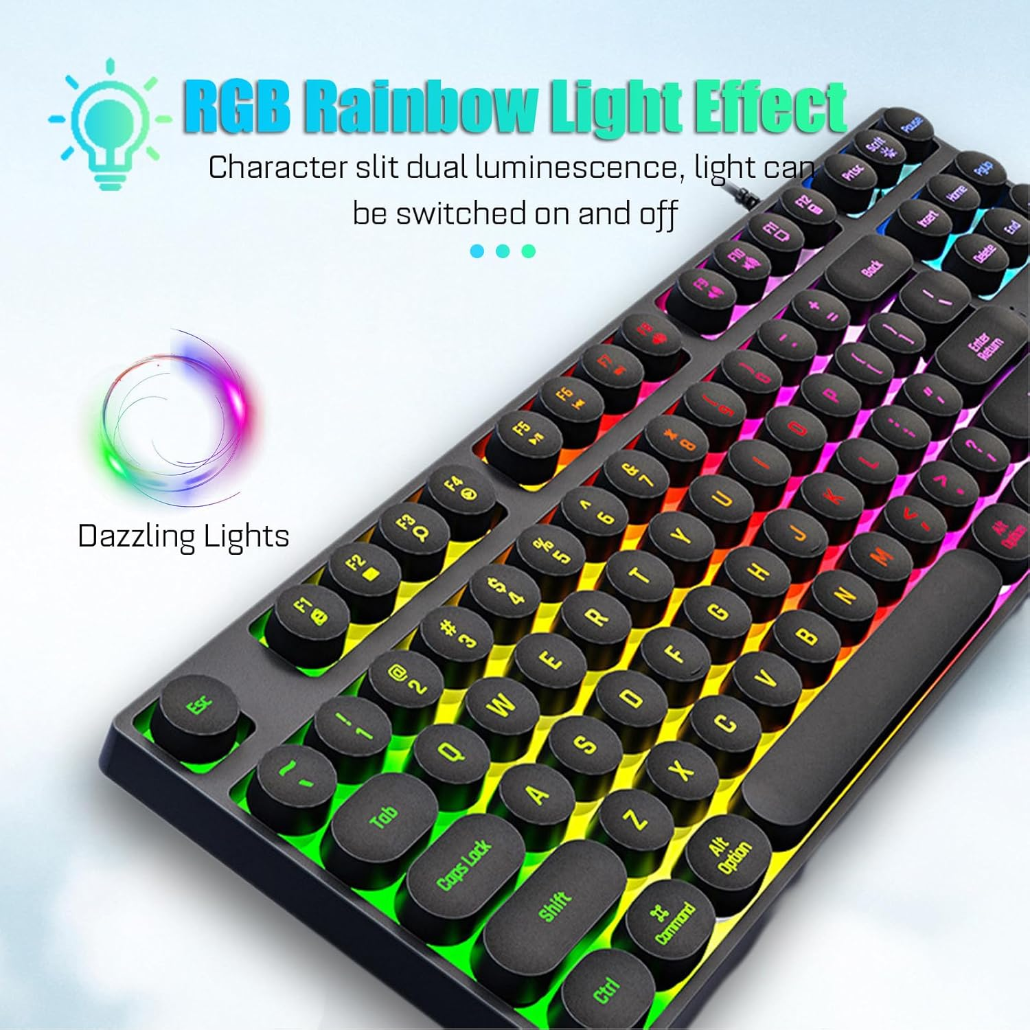 87 Keys Typewriter Style Mechanical Gaming Keyboard, Colorful Backlit Retro Punk round Keycaps Keyboard, anti Ghosting Hot Swap USB Wired Keyboards, for Gamers, Typists (Black)