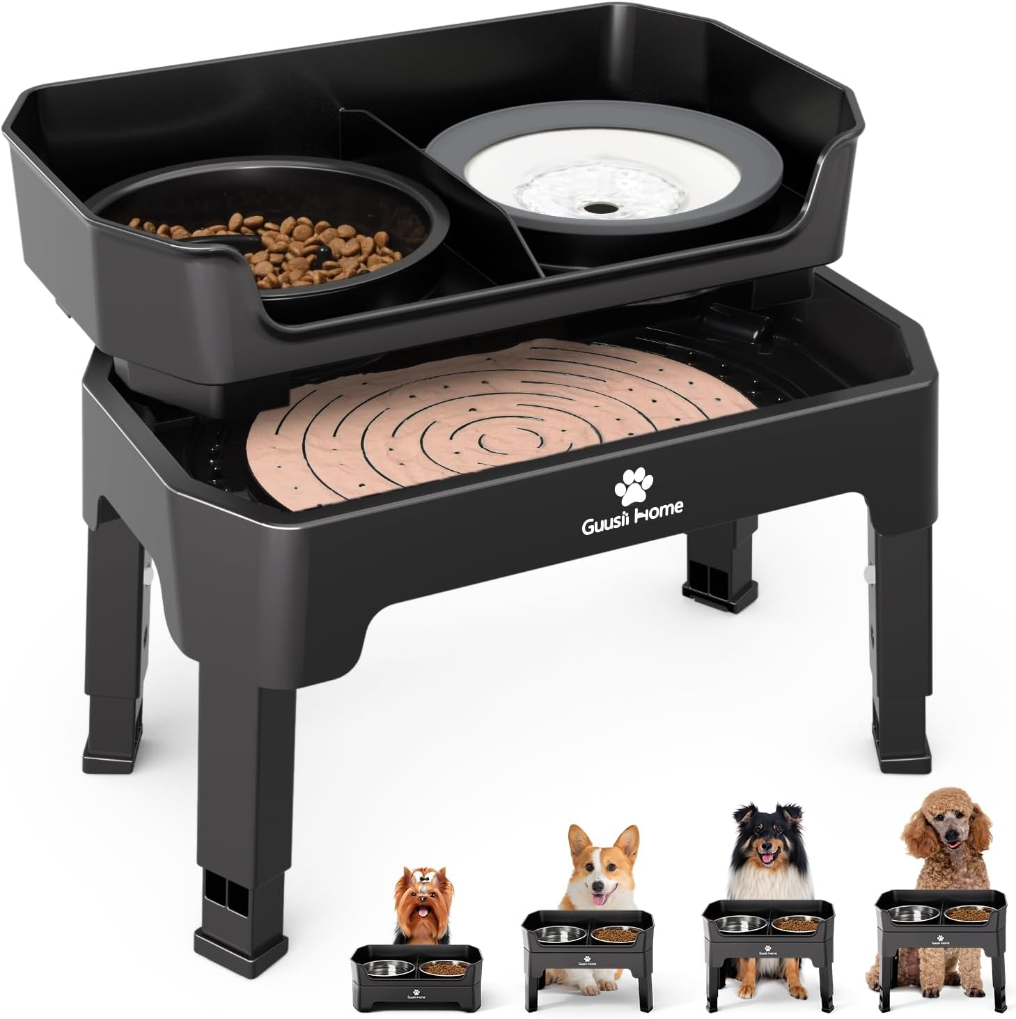 GUUSII HOME Elevated Dog Bowl with Stand Raised Feeding Station for Large Medium Small Sized Dogs Licking Plate Slow Food and Water Dish Set Adjustable Height 43.5 * 26.7 * 16/28.7/32.7/36.7Cm 1600Ml image number 2