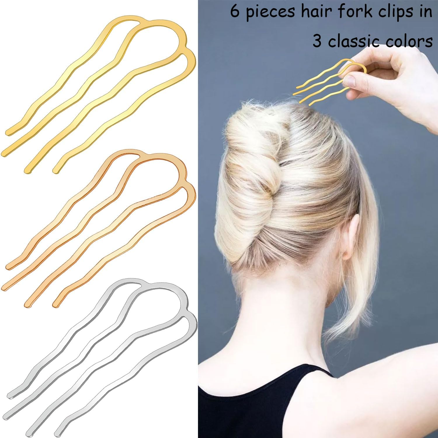 6 Pieces Metal Hair Fork Clips, Side Combs, and 4 Prong U-Shape Sticks for Buns, Updos, and Hairstyling - Women'S Multicolor Hair Accessories image number 3