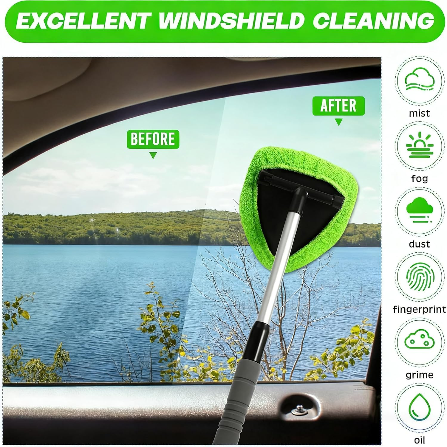 Tourgoing Windshield Cleaning Tool, Extendable Windshield Cleaner with 6 Washable Pads & 1 Spray Bottle, Interior & Exterior Windshield Wiper Tool for Car, SUV, Truck, RV (Green) - Green image number 2