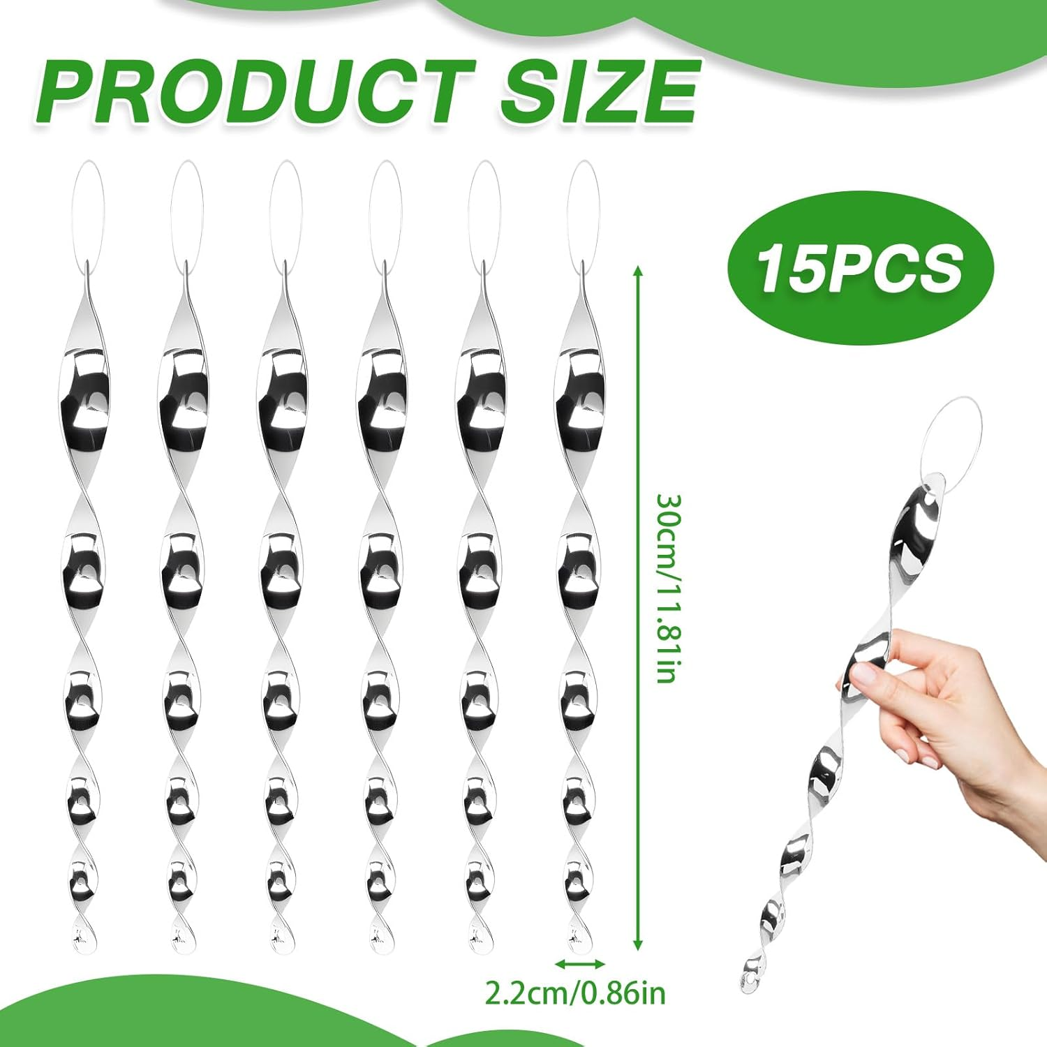 15 Pcs Bird Repellent Wind Twisting Scare Rods, Reflective Spiral Bird Deterrent Outdoor Hanging Device Silver Decorative Spinner for Garden Balcony Patio Farm Orchard Protection 30CM image number 3
