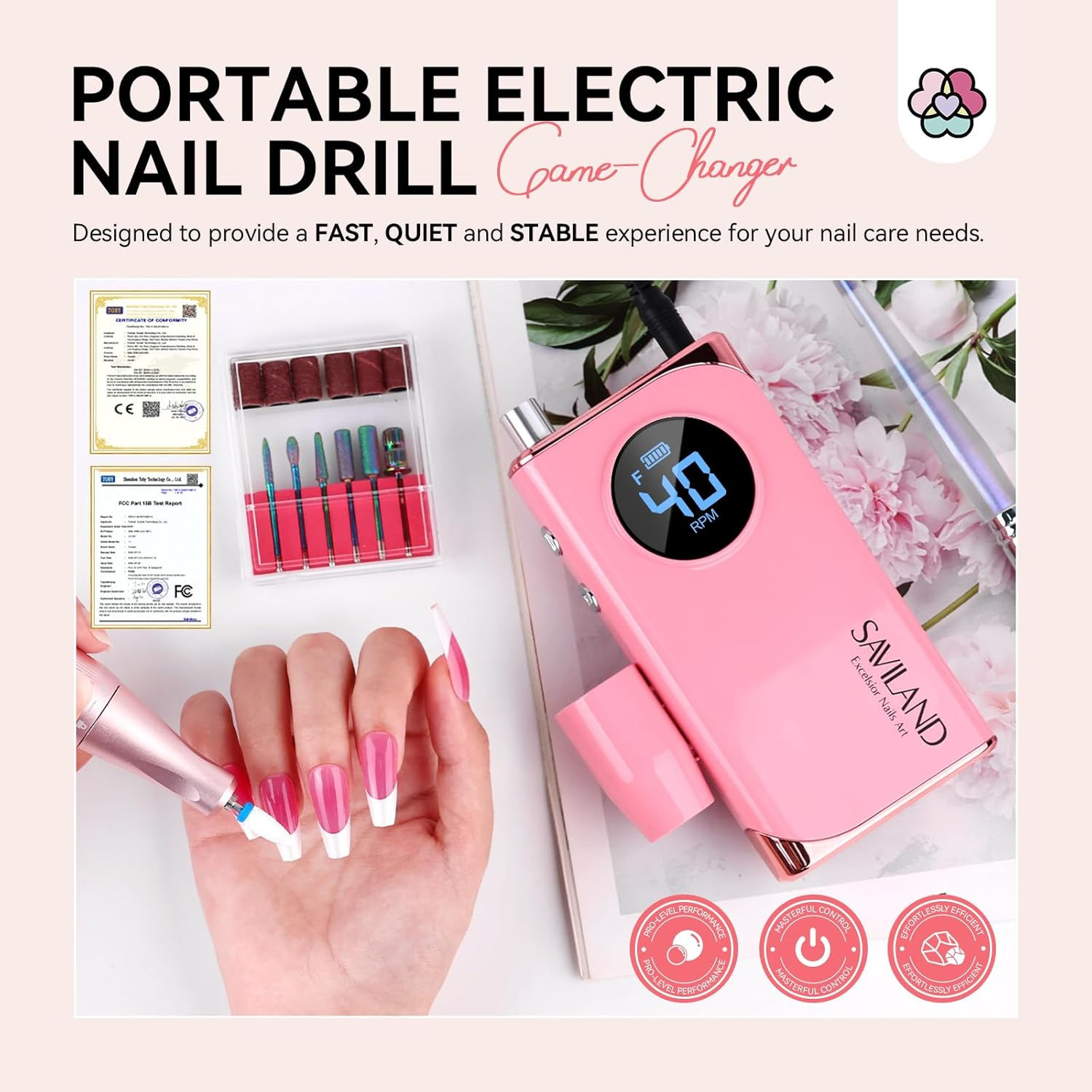 SAVILAND Electric Nail Drill Professional: 40000RPM Pink Nail Filer Electric Manicure Pedicure 13 Nail Drill Bits for Acrylic Nails False Nails Gel Nails Dip Nail Artificial Nails Home Salon image number 2