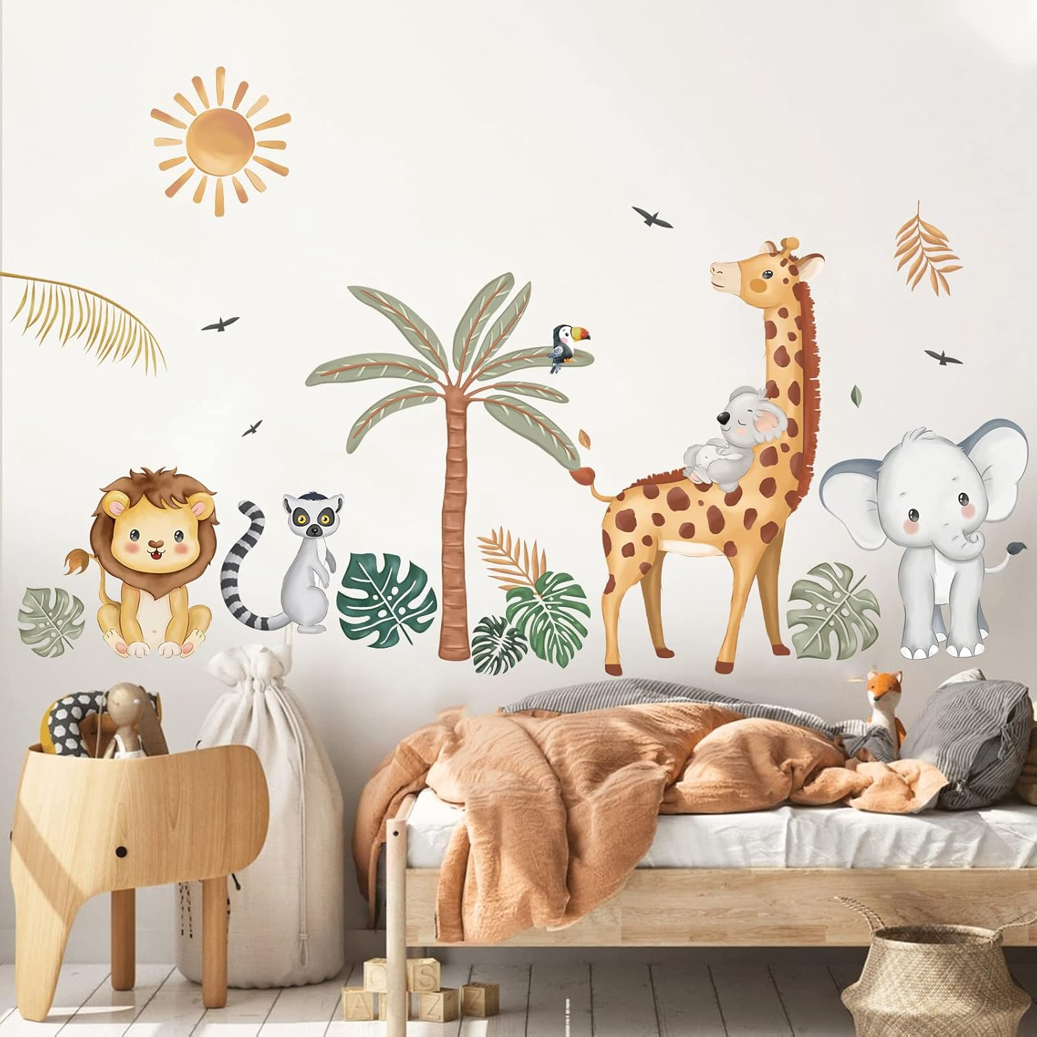 Wondever Boho Jungle Animals Wall Stickers Safari Animal Palm Tree Elephant Giraffe Lion Peel and Stick Art Decals for Baby Nursery Kids Bedroom (WD-231-0141B) image number 2