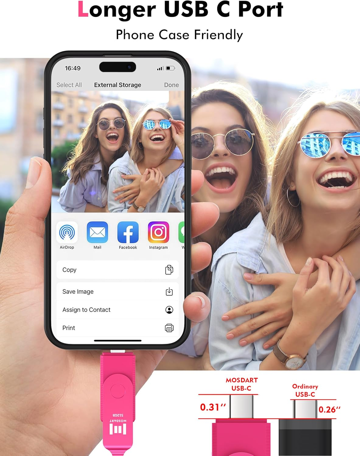 MOSDART 512GB USB3.1 Fast Speed C and a Dual Flash Drive, Exfat Memory Stick with Keychain and LED Indicator, for Iphone 15 and 16, Android Phone, Ipad, Macbook, and Other Laptops, Hot Pink image number 3