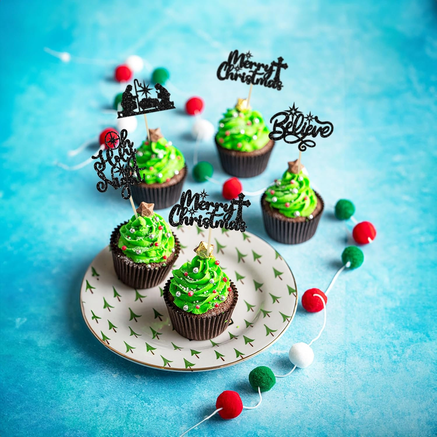 24Pcs Christmas Nativity Cupcake Toppers Glitter Holy Night Blessed Hope Believe Jesus Birthday Cupcake Picks for Nativity Scene Theme Merry Christmas Party Cake Decorations Supplies Black image number 3