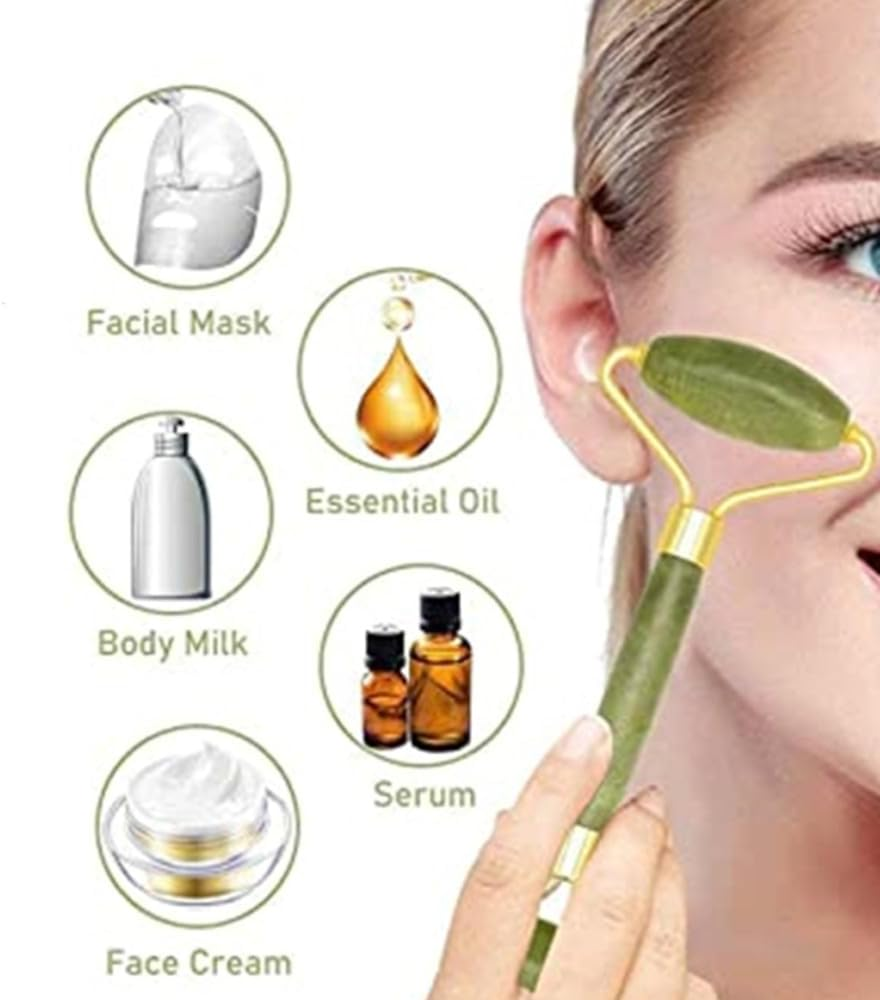 3 Pieces Jade Roller and Gua Sha Tool, GYWHOOFT Jade Roller and Gua Sha Massage Set anti Aging Wrinkle Reduction Facial Roller for Face,Neck Natural Jade Stone for Toning and Firming Skin image number 1