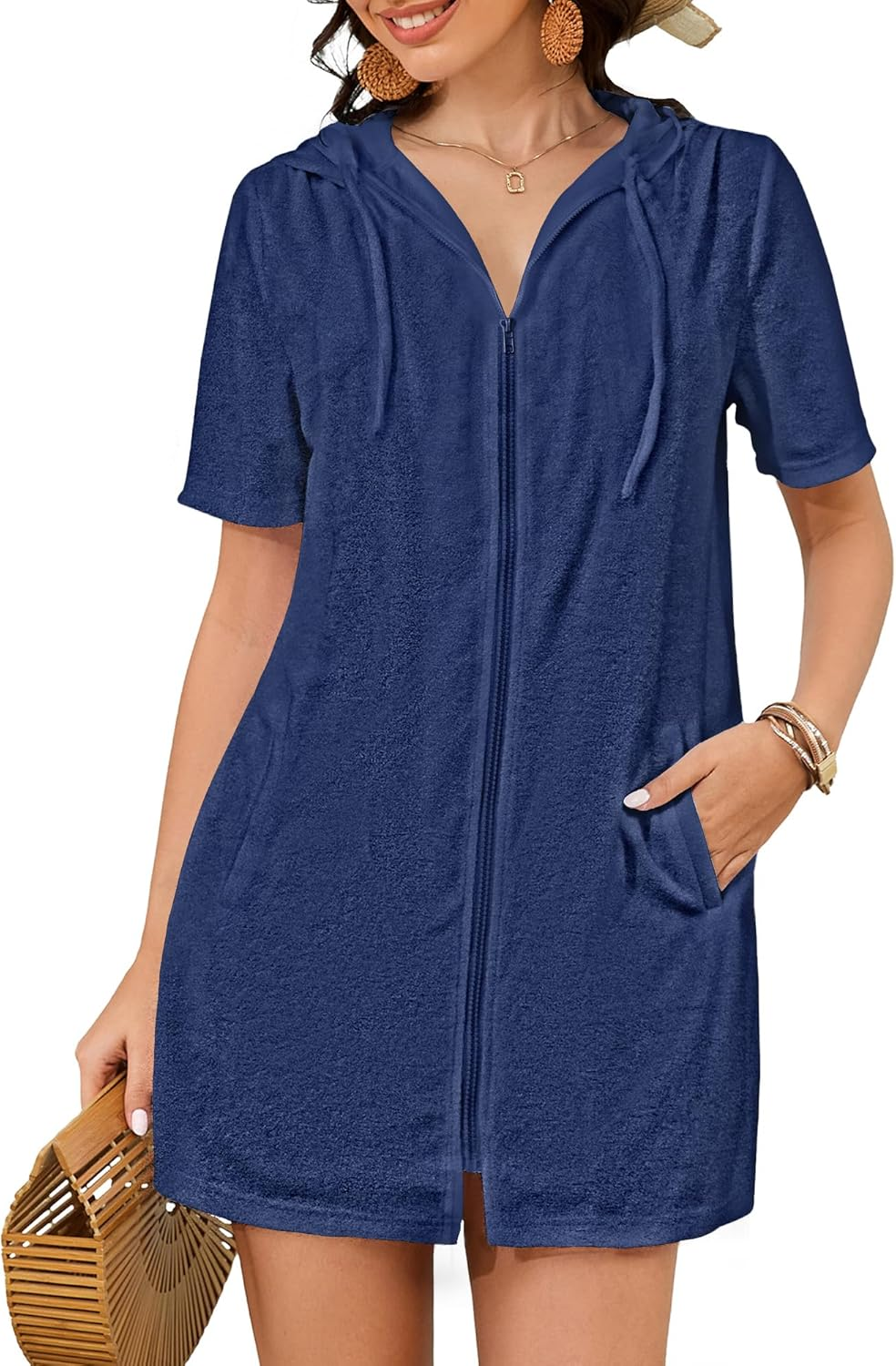 Bsubseach Terry Cloth Cover up for Women Zipper Hooded Swim Robes Beach Shirt with Pockets