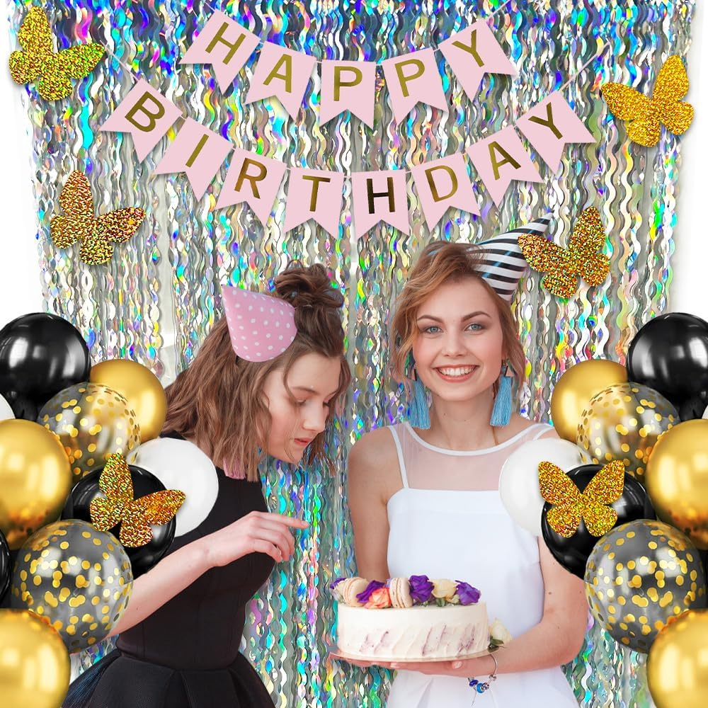 Foil Fringe Curtain, Pack of 2 Tinsel Backdrop, Birthday Party Decorations, Streamer Backdrop Foil Curtains, Graduation Decorations (Wavy Holographic-Silver) - Laser Glitter Black image number 4