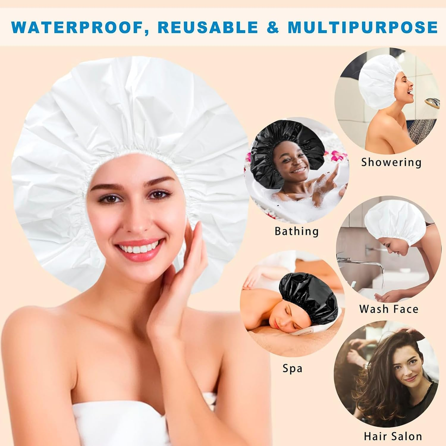 Super Jumbo Shower Cap 2 PCS Waterproof Shower Caps for Women,Extra Large Shower Cap,Reusable Super Large Bath Caps Hair Cap for Long Thick Curly Hair,Twist Braids (Black+White) image number 4