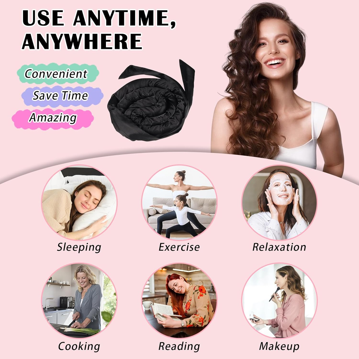 Gwabee Heatless Curls Overnight Hair Curlers to Sleep in Satin Hair Curler Rollers No Heat Hair Wrap for Curls Headband, 70" Satin Heatless Curling Rod Set for Women Long Waves Hair Volume -Black 9PCS - 9 Pcs image number 3